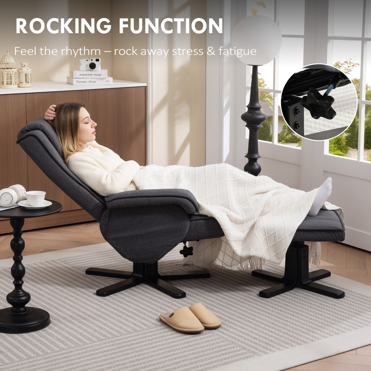 HOMCOM Linen Swivel Rocker Recliner Chair with Footstool, Grey