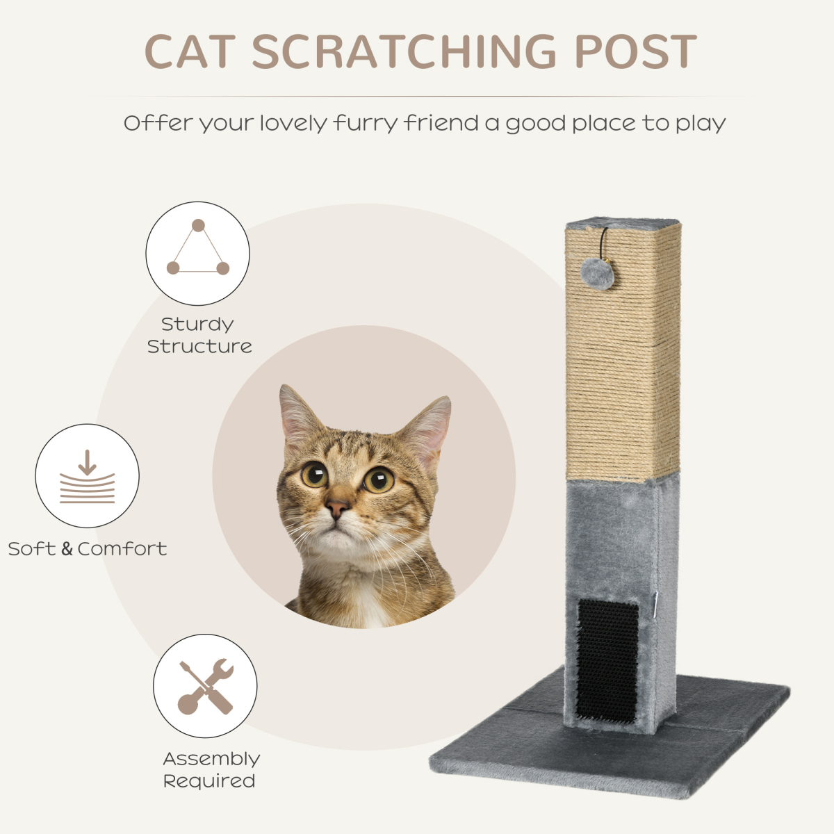 PawHut 79cm Cat Scratching Post and Climber Activity Centre with Jute Scratching Post, Dangling Toy and Hidden Bell Toy, Grey