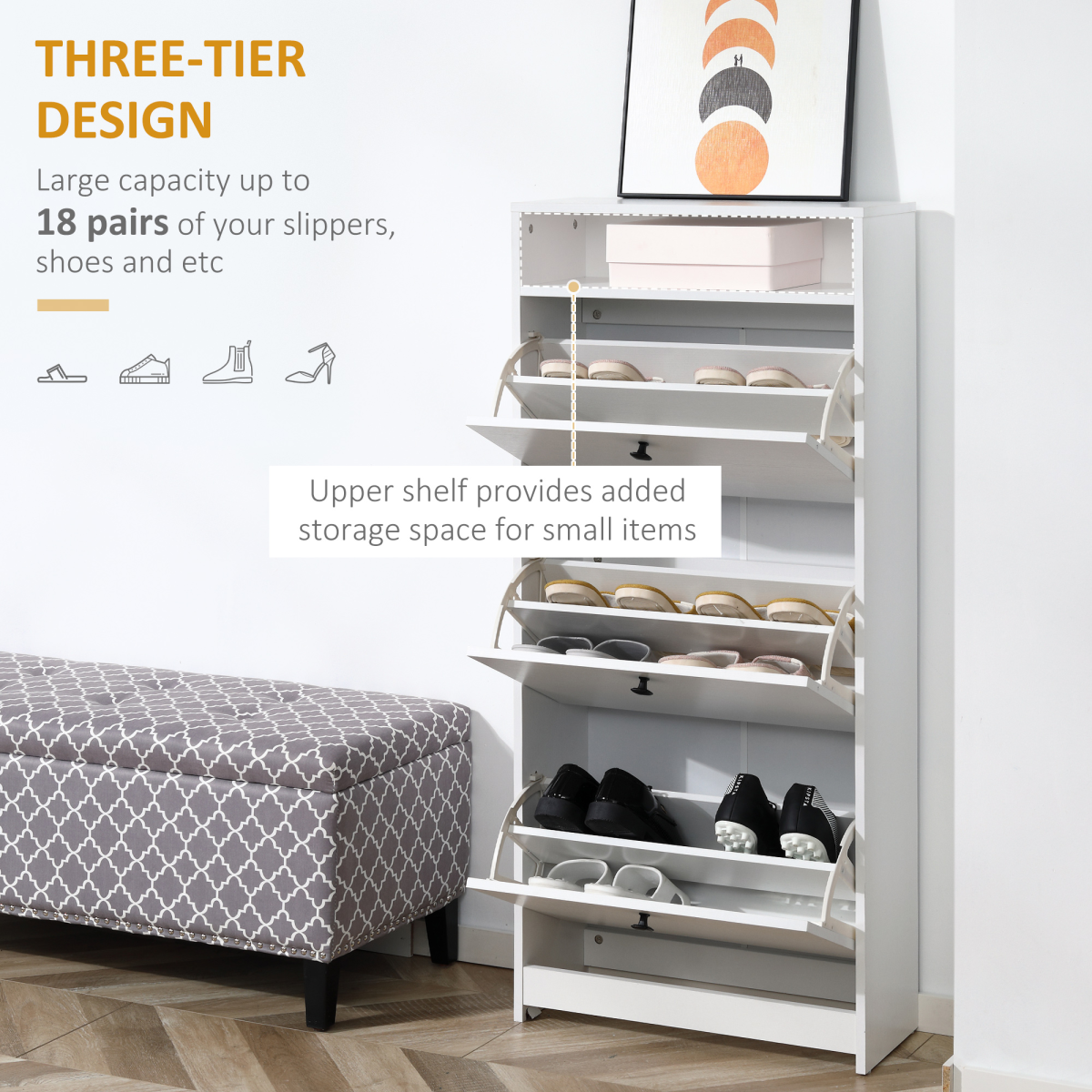 3-Drawer Shoe Storage Cabinet with Upper Shelf, Space-Saving Footwear Organiser, White