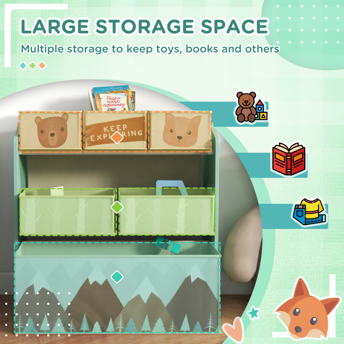 ZONEKIZ Kids Toy Storage Unit with 6 Boxes, Green