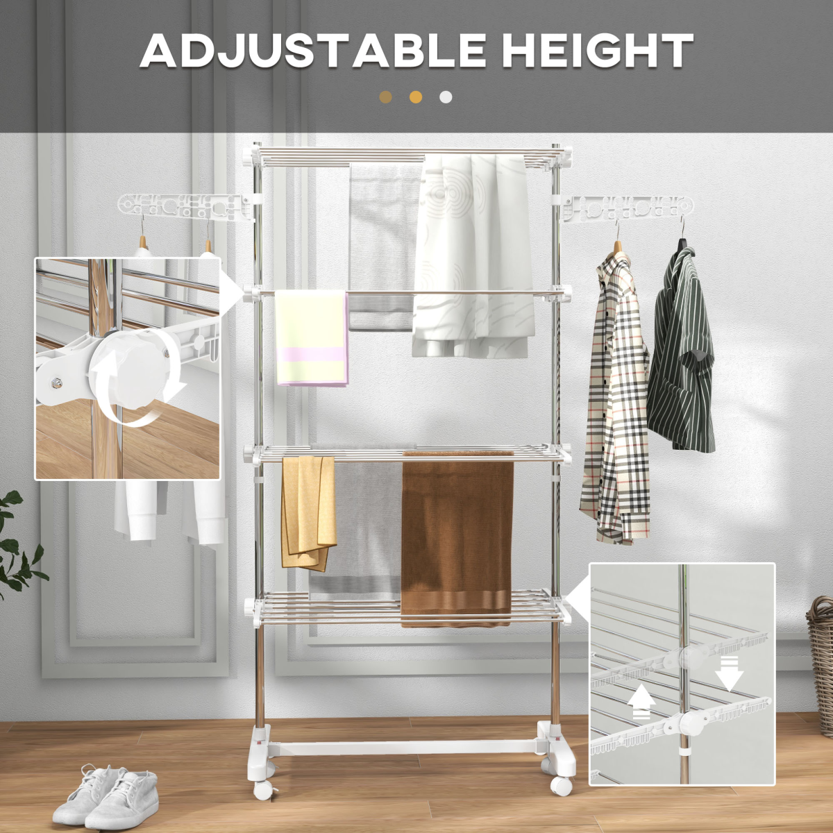 HOMCOM 4-Layer Folding Clothes Hanger Stand with Wheels, Adjustable Height, Foldable Indoor Clothes Rack