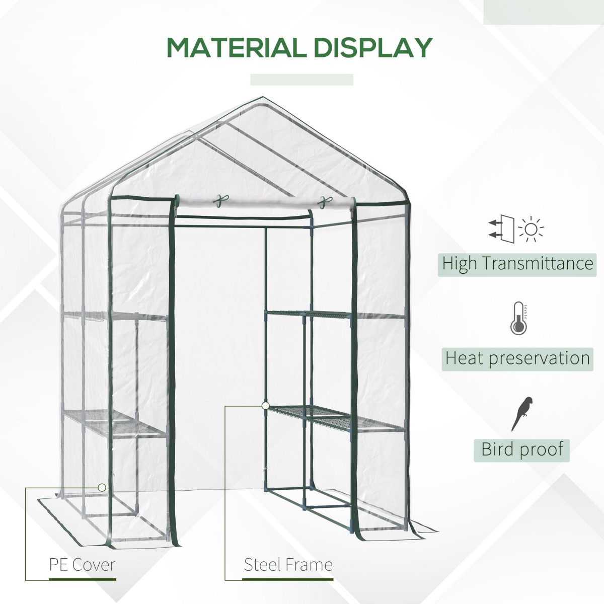 Outsunny Large Steel Frame Greenhouse with 2 Shelves, Clear PVC Cover, Zippered Door