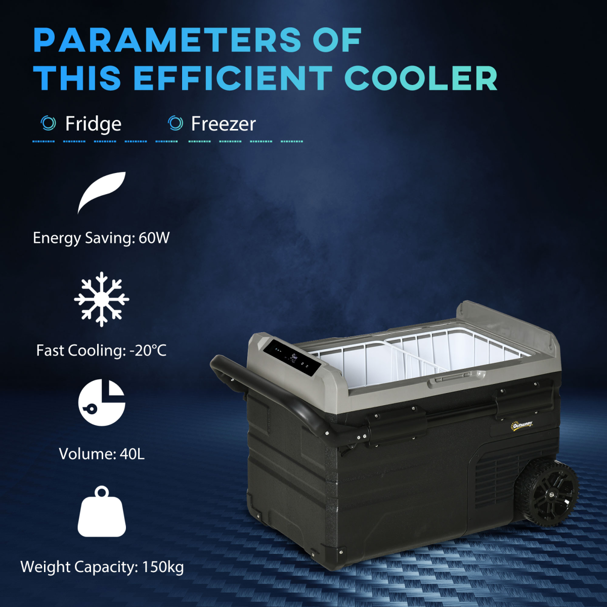 40L Portable Car Refrigerator Freezer with LED Light and Wheels, -20°C, 12/24V DC and 110/240V AC, Outsunny