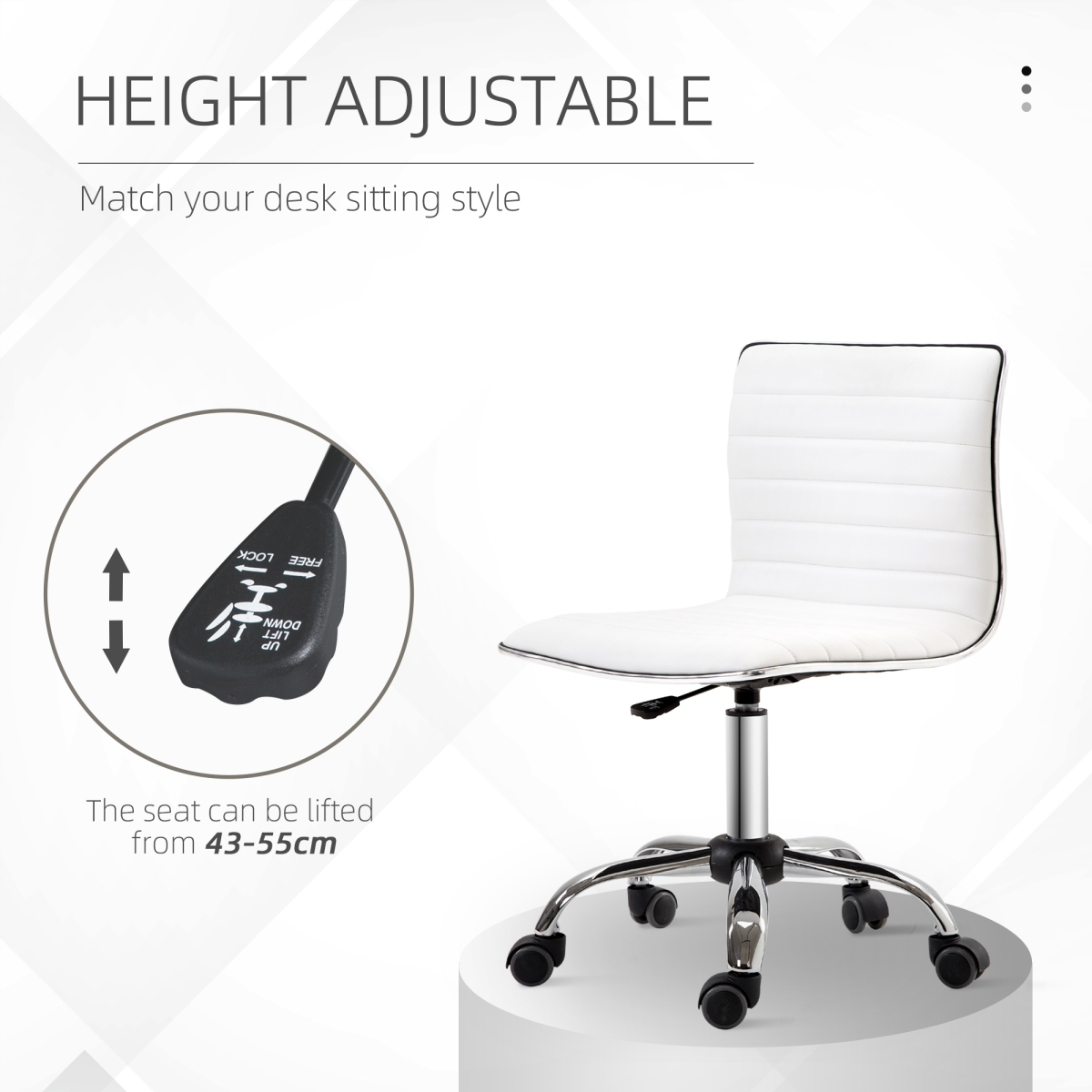 Armless Mid-Back Adjustable Height 360 Swivel PU Leather Office Chair with Casters, White