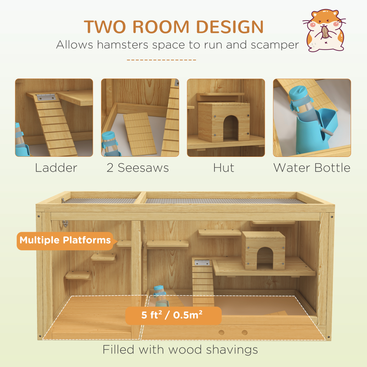 PawHut Wooden Hamster Cage with Water Bottle, Platforms & Openable Roof
