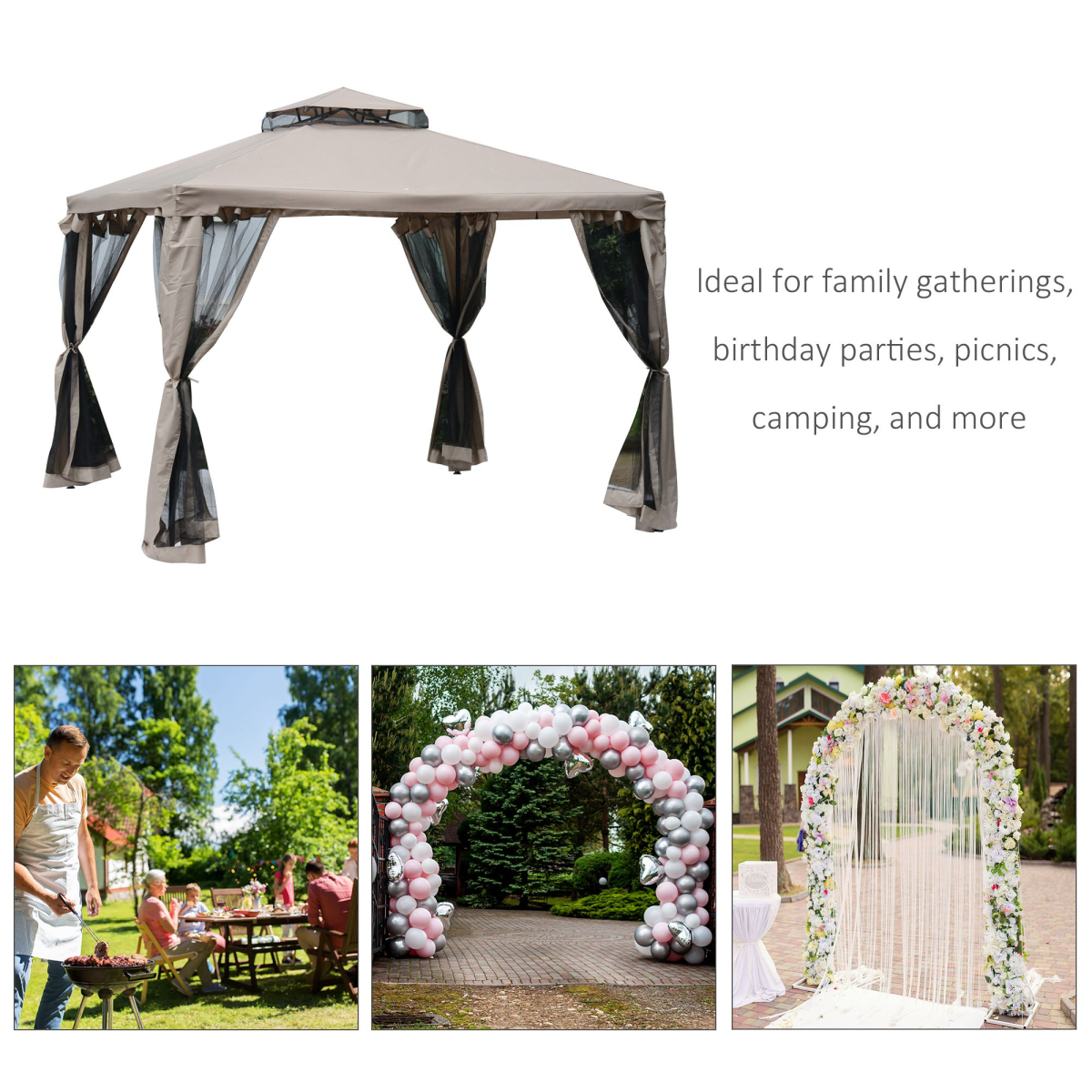 Outsunny Outdoor Gazebo with 2-Tier Roof and Mosquito Netting, 295L x 295W x 263H cm, Taupe