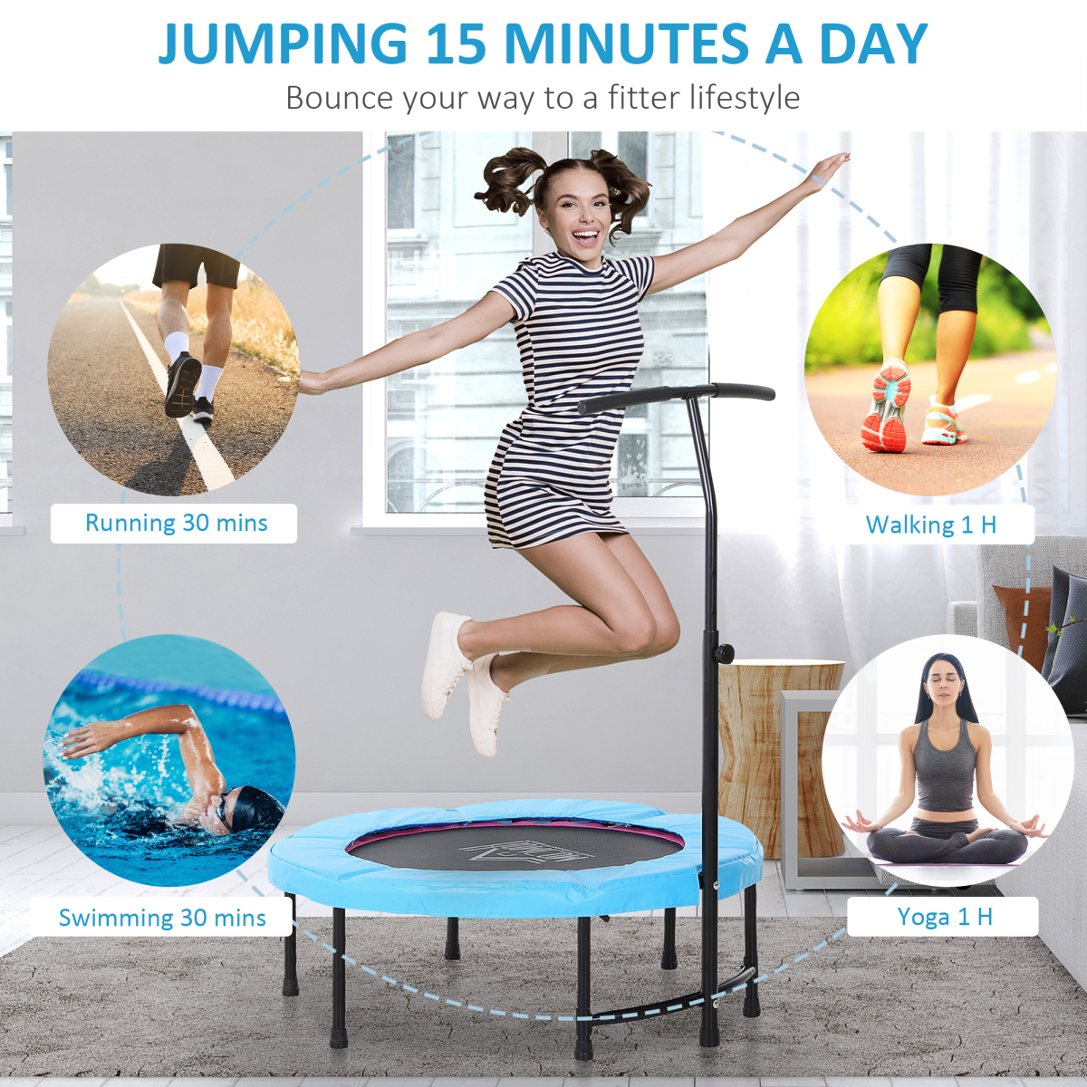 40-Inch Mini Trampoline for Kids & Adults, Adjustable Handle, 100kg