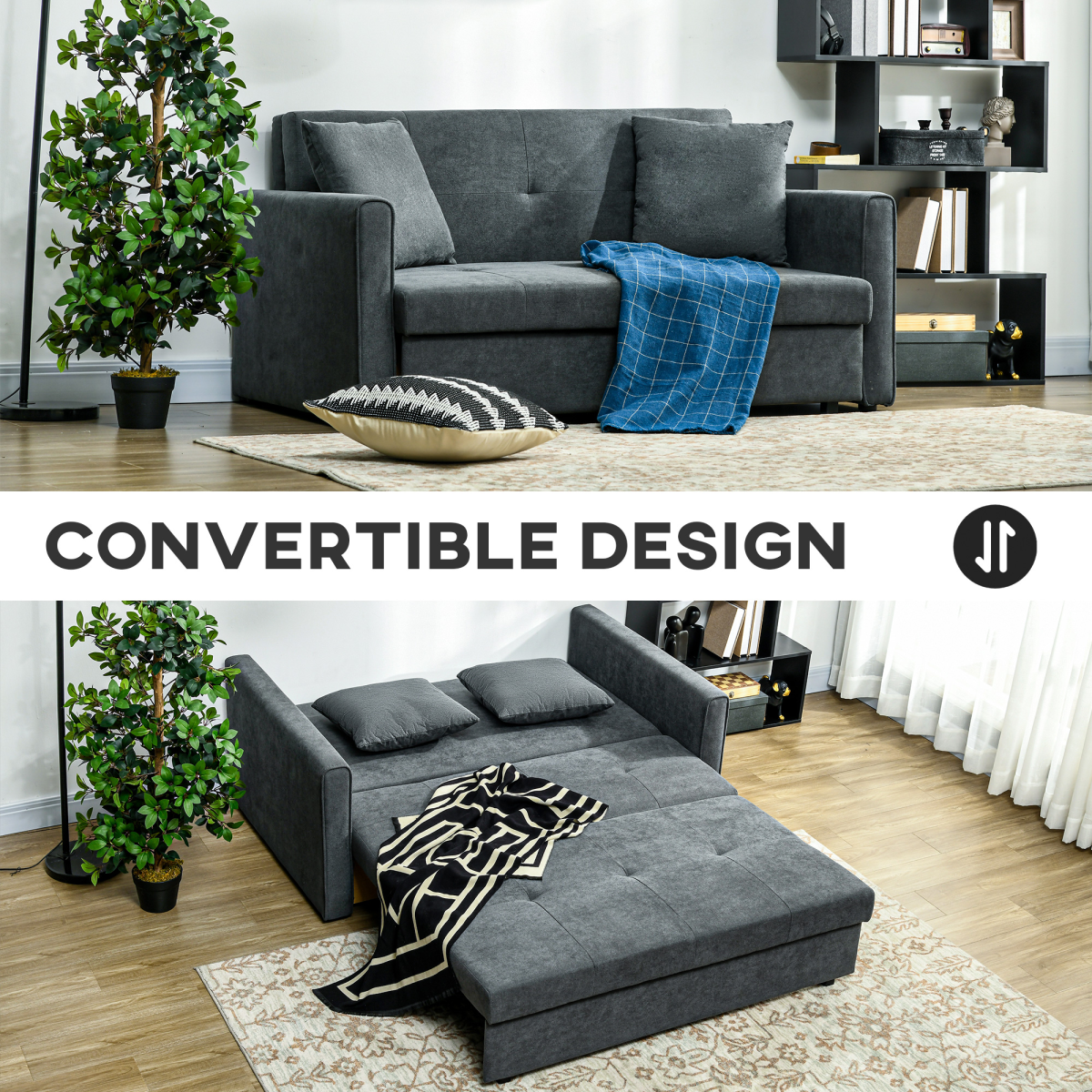 HOMCOM 2 Seater Convertible Sofa Bed with Storage & 2 Cushions, Dark Grey