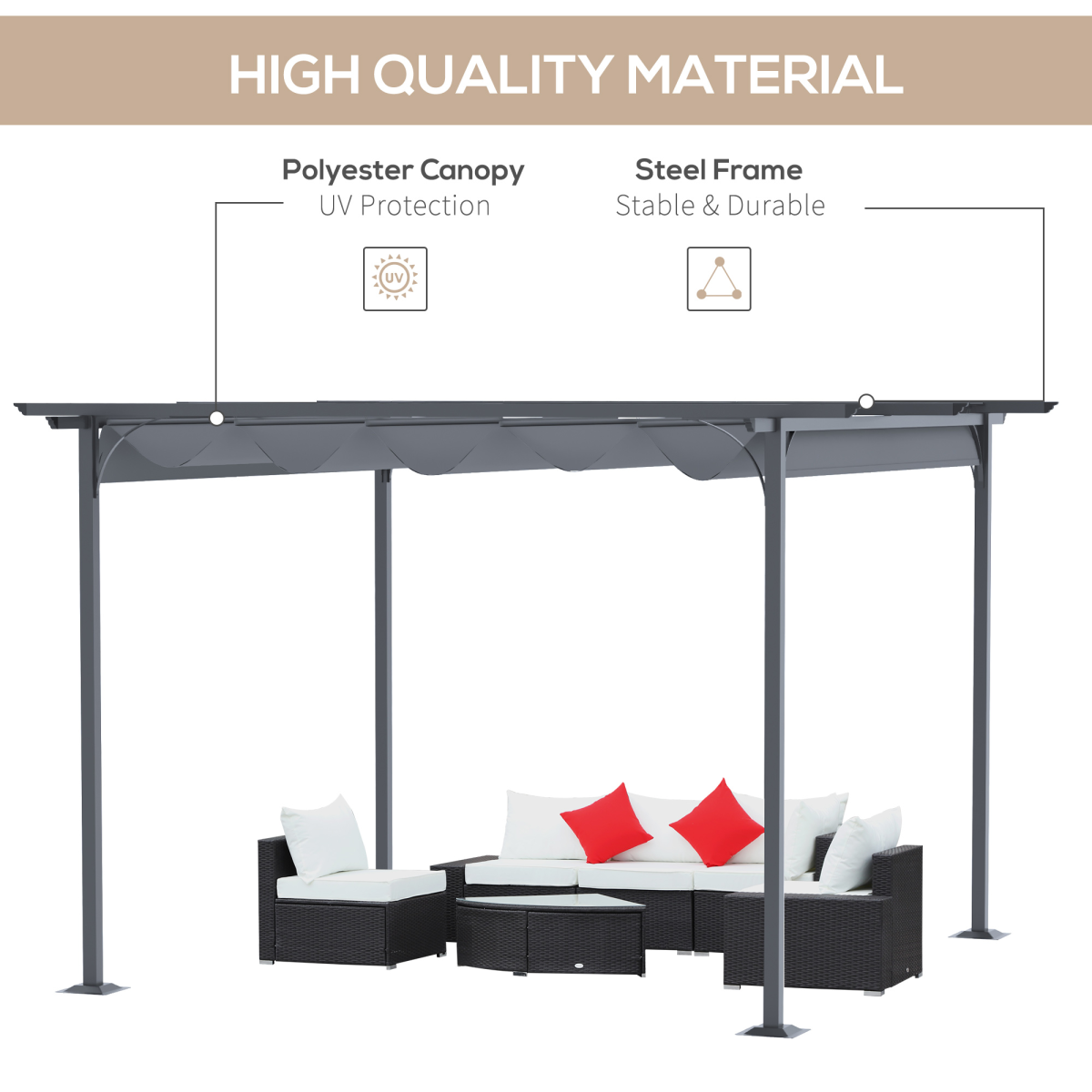 Outsunny 3.5m x 3.5m Metal Pergola Gazebo with Retractable Grey Canopy, Powder-Coated Steel Frame