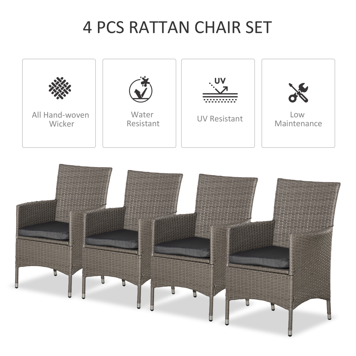 Outsunny Set of 4 Outdoor Rattan Dining Chairs with Cushions, Grey
