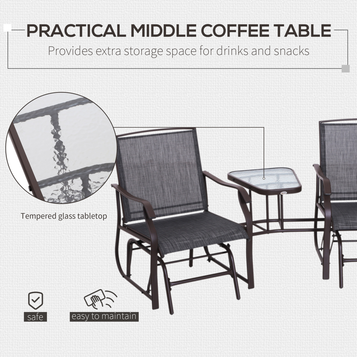 Outsunny Double Glider Chairs with Glass Table, High Back