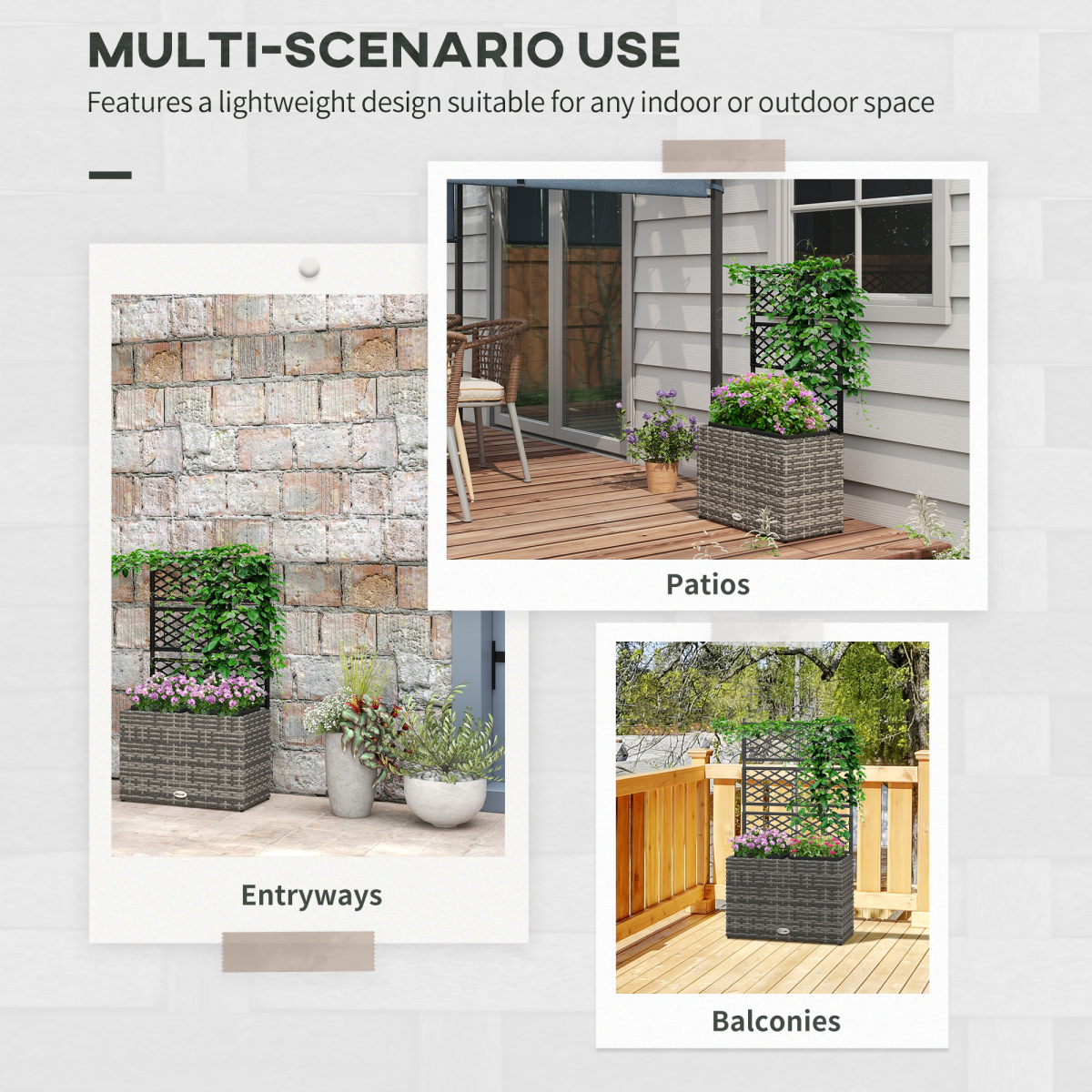 Outsunny Garden Raised Planter Box with Trellis, PE Rattan, 57 x 30 x 107 cm, Mixed Grey and Black