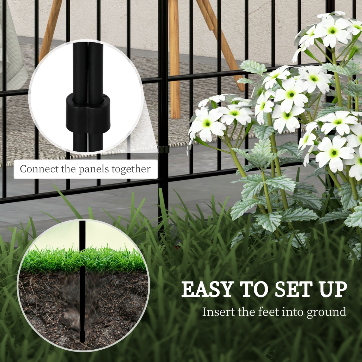 Outsunny 8-Piece Decorative Metal Garden Fence Border Edging, 24in x 8.7ft, Black