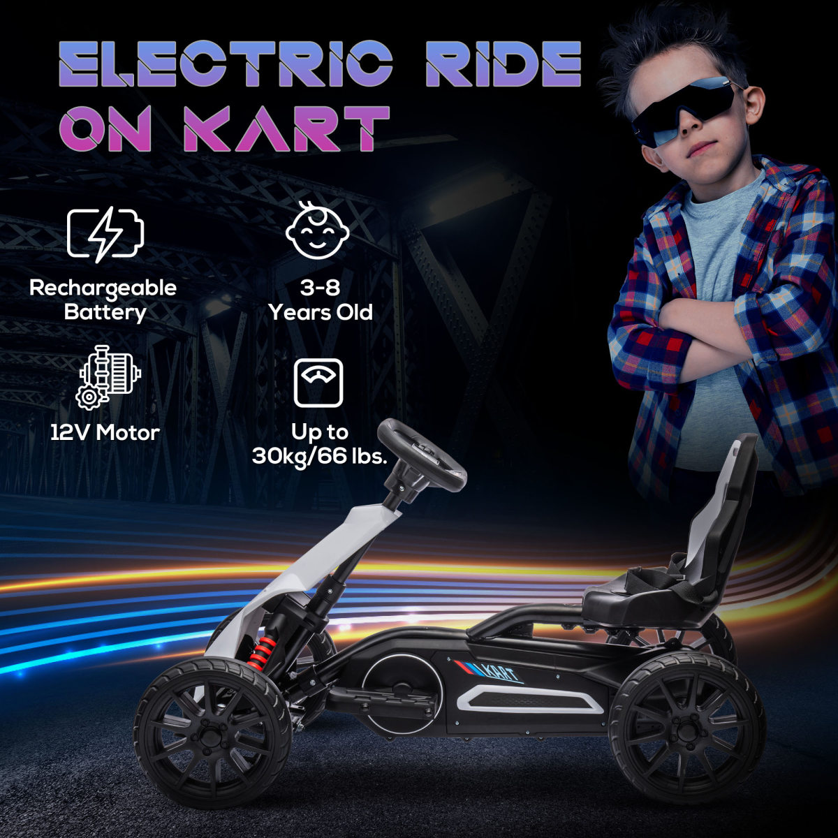 HOMCOM 12V Electric Go Kart, 2 Speeds, Forward/Reverse, White