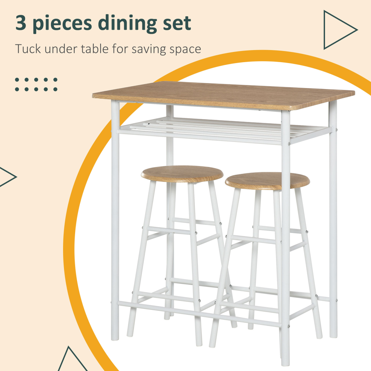 HOMCOM White and Oak 3-Piece Bar Height Dining Set with Table, 2 Stools and Shelf Storage