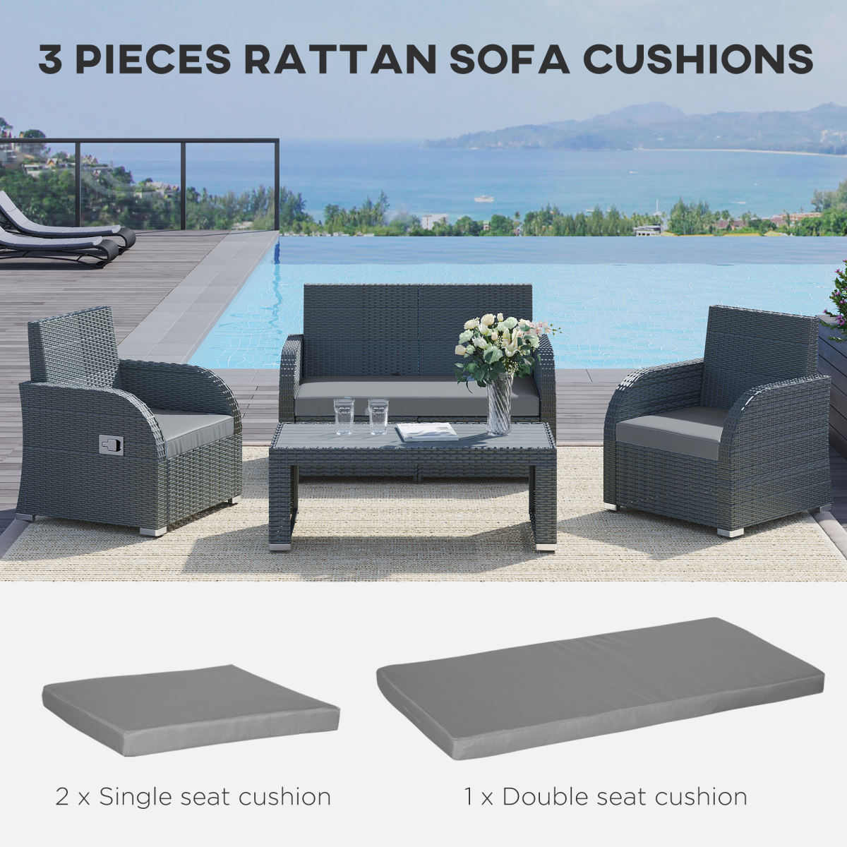 Outsunny 3 Piece Outdoor Replacement Cushion Set for Garden Furniture, 2 Single and 1 Double Seat Cushions