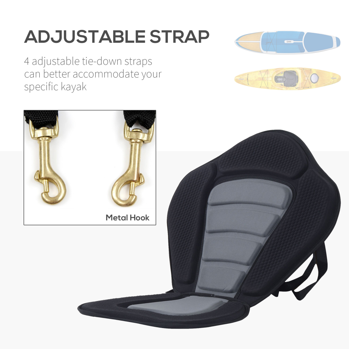 Universal Sit-On-Top Kayak Seat with Backrest, Detachable Fishing Boat Seat, Adjustable Tie-Down Straps