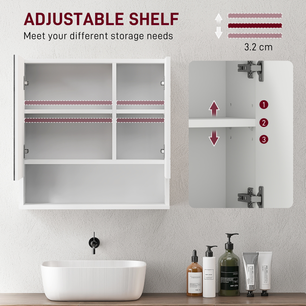 kleankin Wall Mounted Bathroom Cabinet with Mirror and Shelf, White