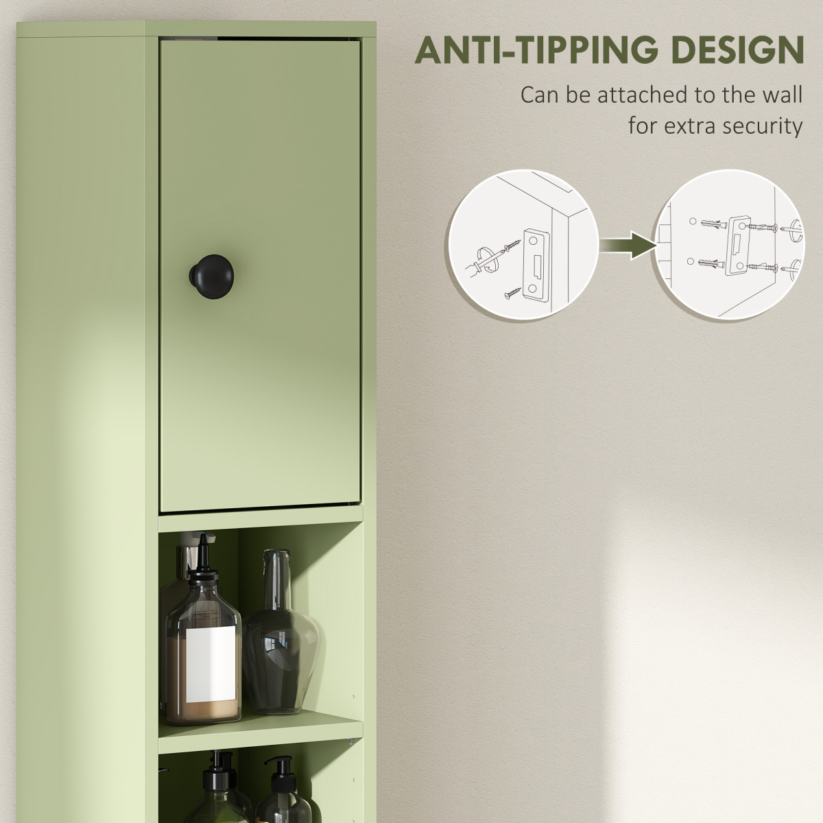 kleankin Slim Bathroom Storage Cabinet with Drawer & Open Shelves, Green