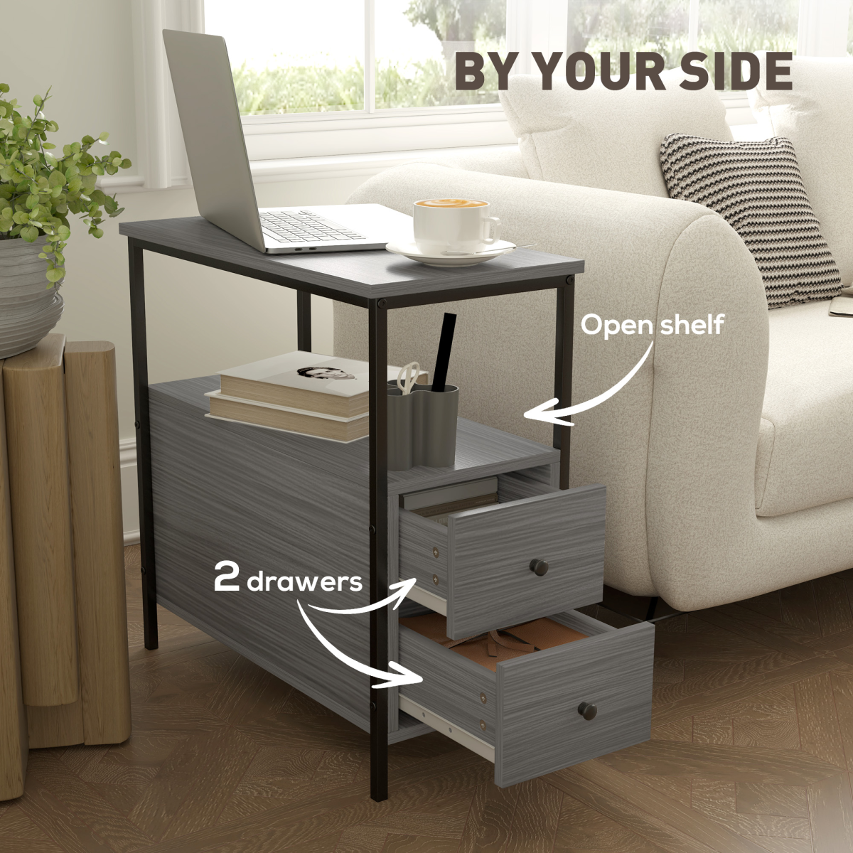 HOMCOM Narrow End Table with 2 Drawers and Storage Shelf, Grey