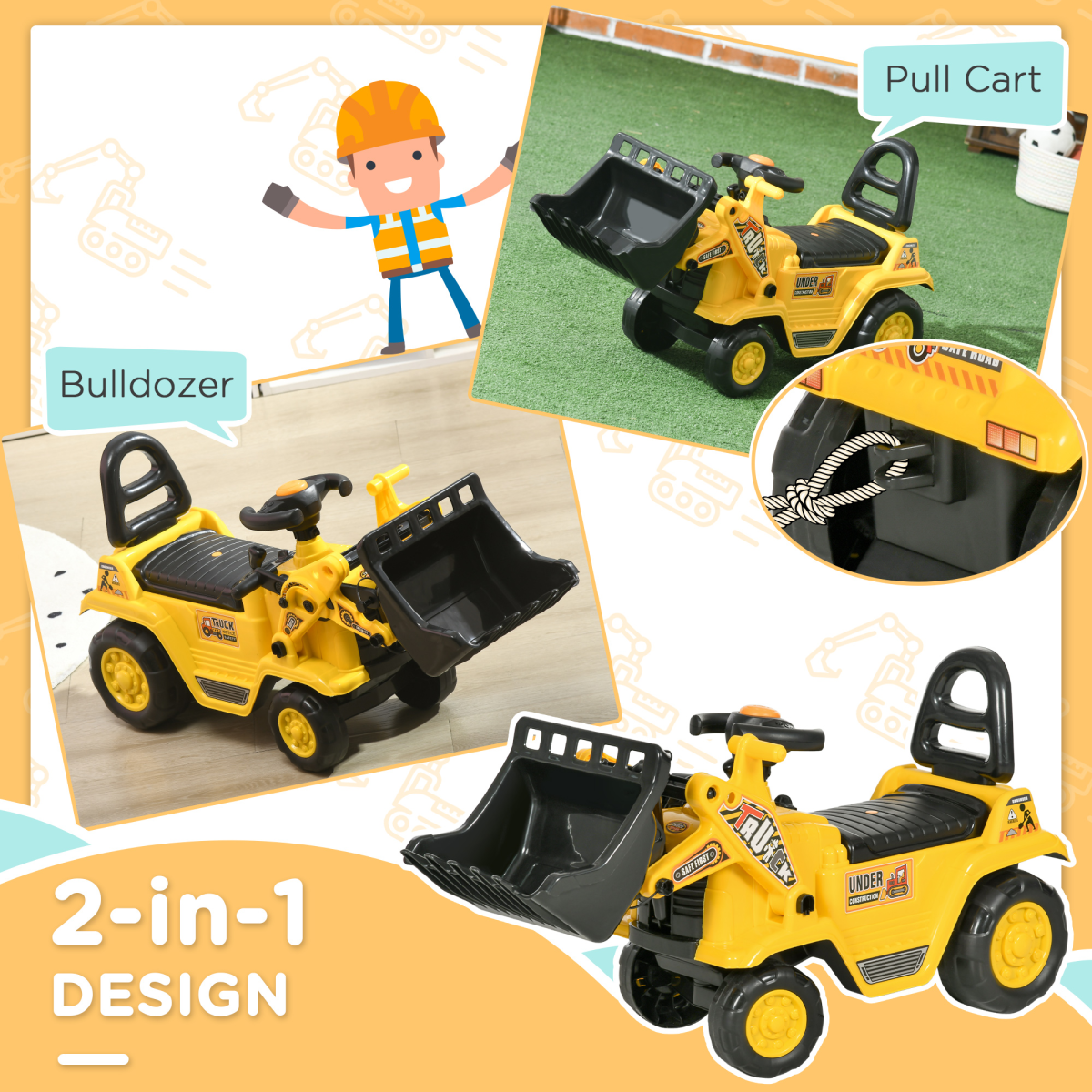 HOMCOM 3-in-1 Ride-On Bulldozer Toddler Scooter with Storage Seat