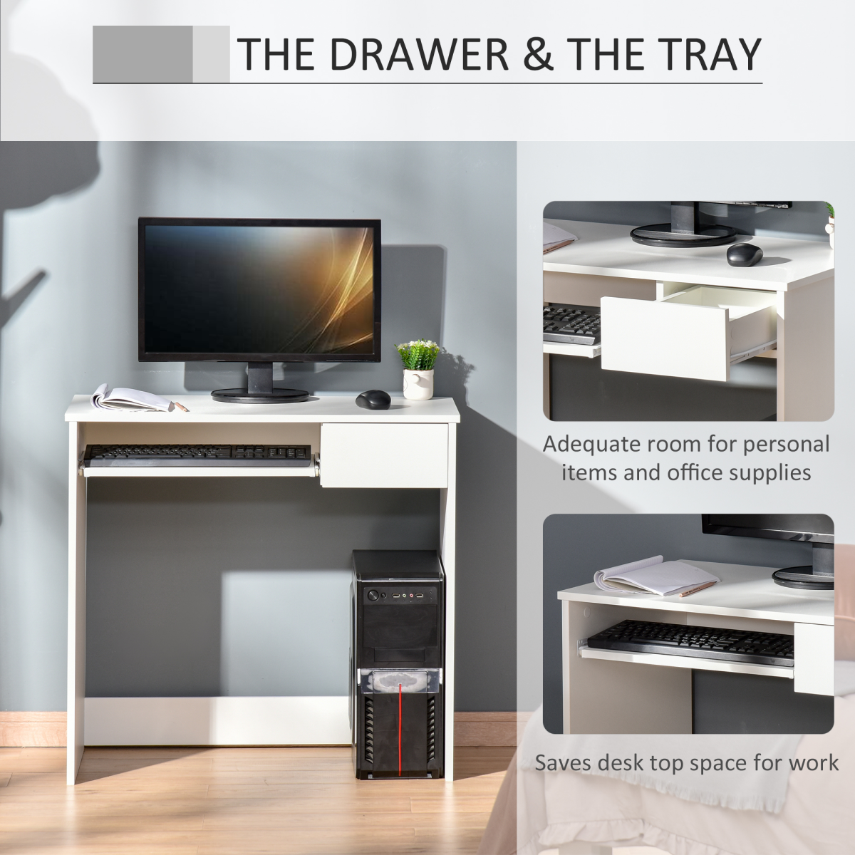 HOMCOM Compact Computer Desk with Keyboard Tray and Drawer, White