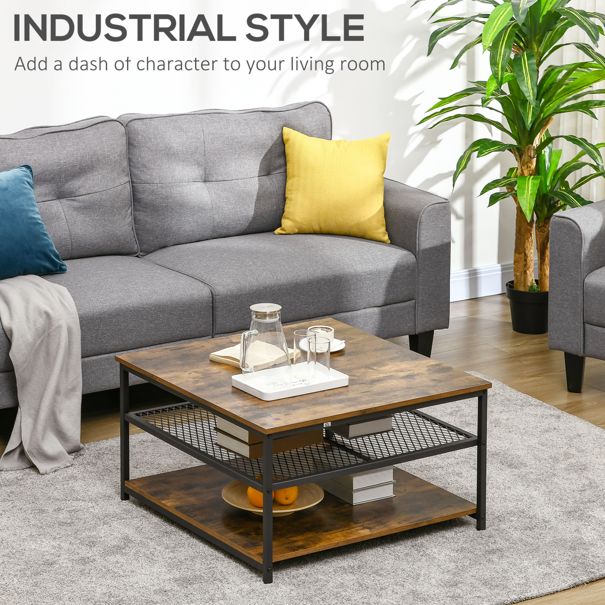 Industrial Coffee Table with 3-Tier Storage Shelves, Rustic Brown, Black Steel Frame, 80 x 80 x 45 cm