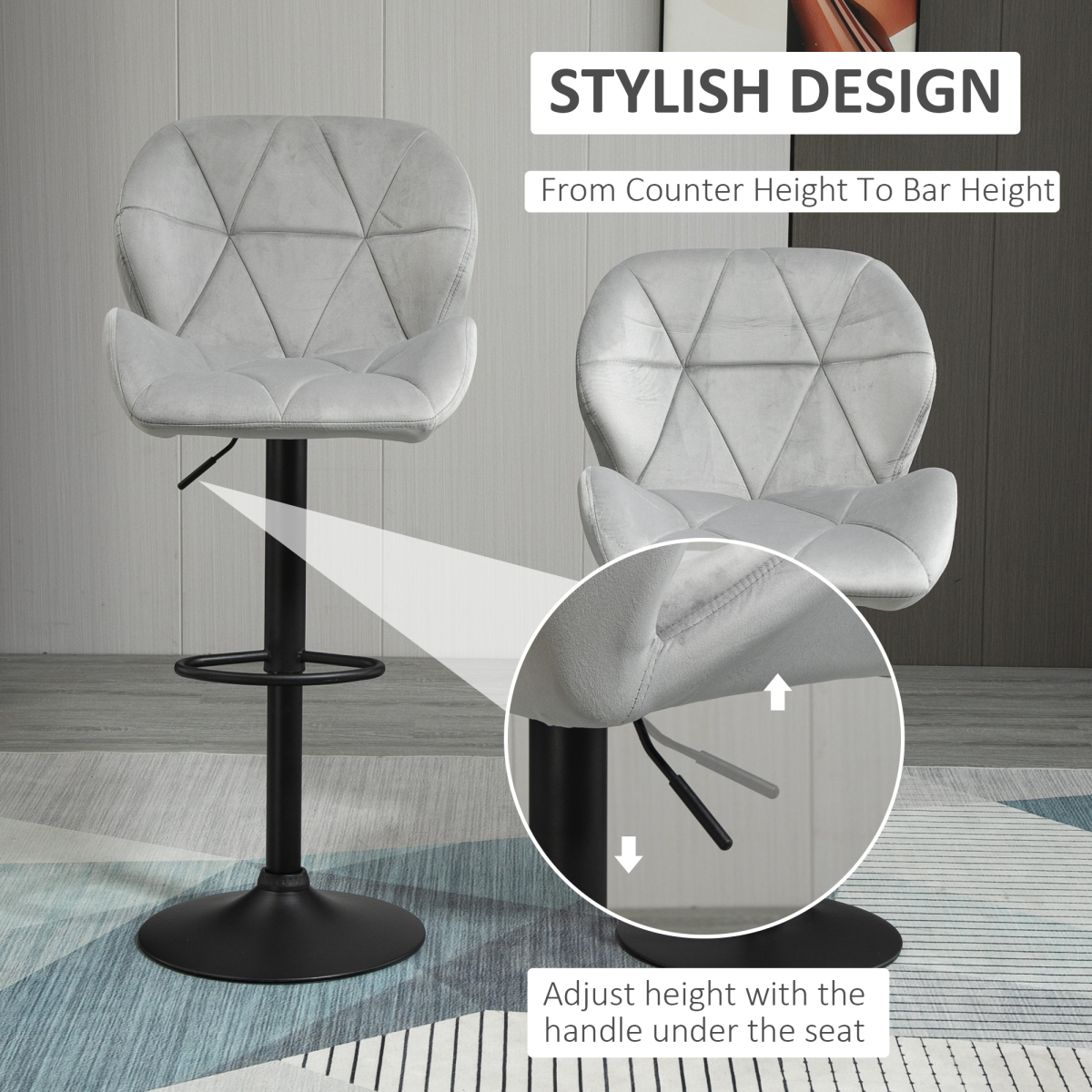 Set of 2 Adjustable Height Fabric Bar Stools, Light Grey