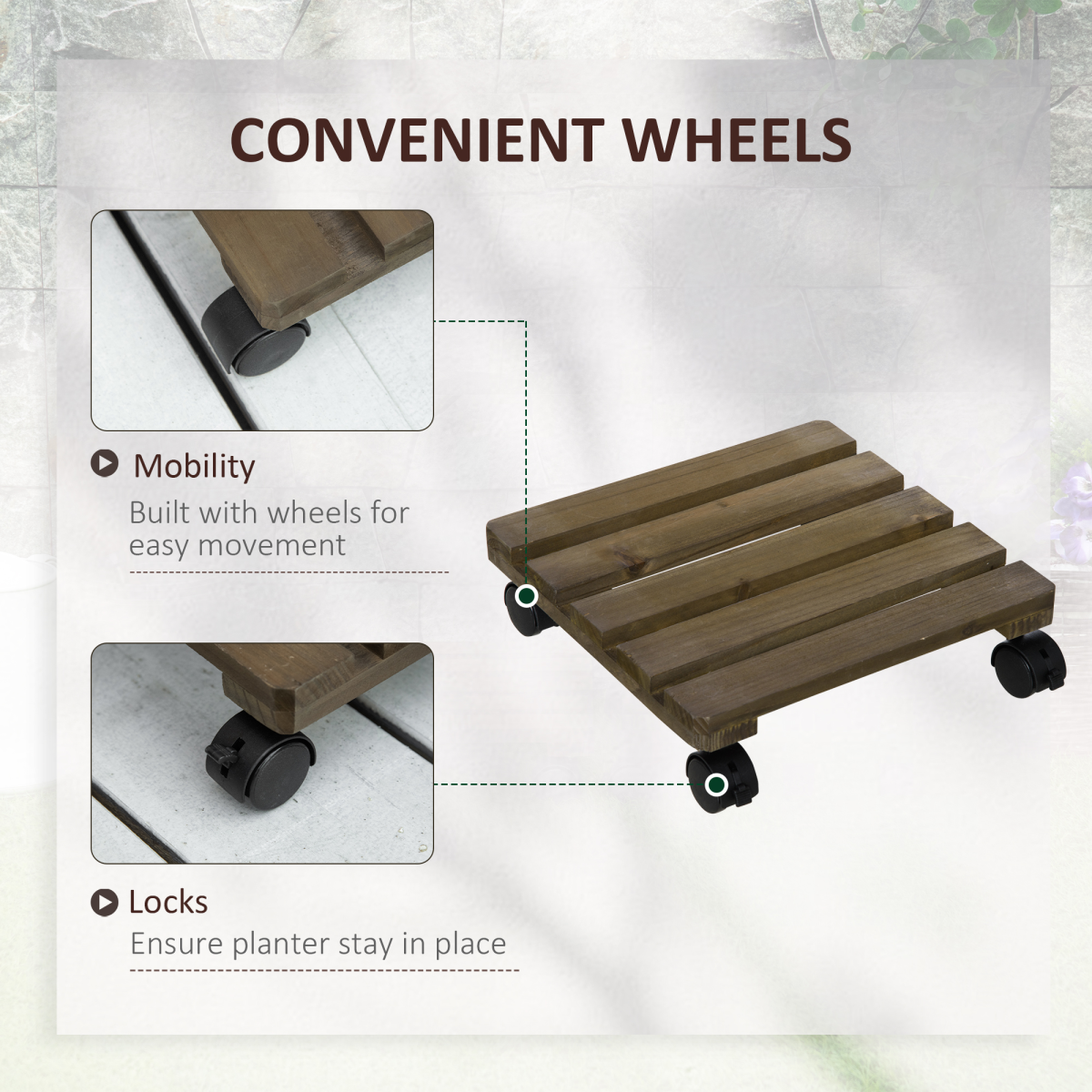 2 Pack Corner Plant Stand with Wheels, Solid Wood Flower Pot Holder with Brakes for Garden, Balcony and Backyard