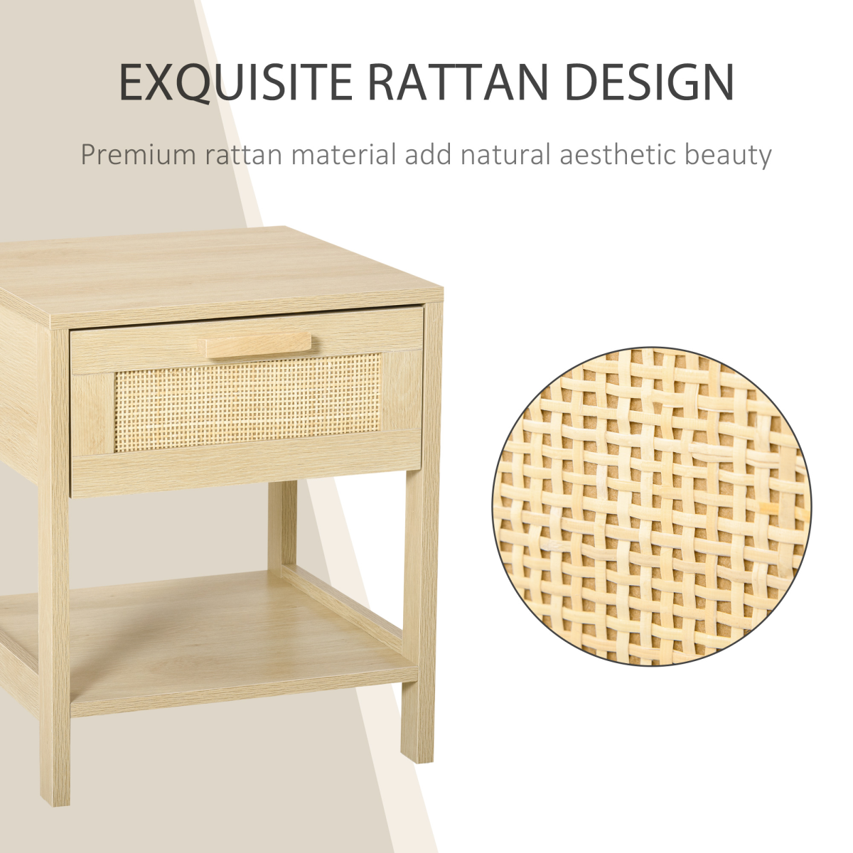 Rattan Nightstand with Drawer & Shelf, Wood-Effect Bedside Table