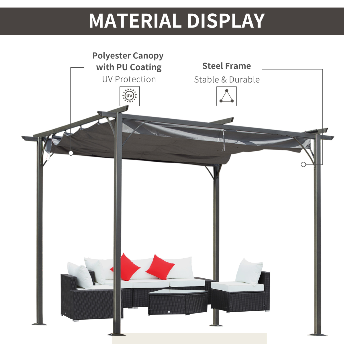 Outsunny 3 x 3 m Metal Pergola Gazebo with Retractable Grey Canopy