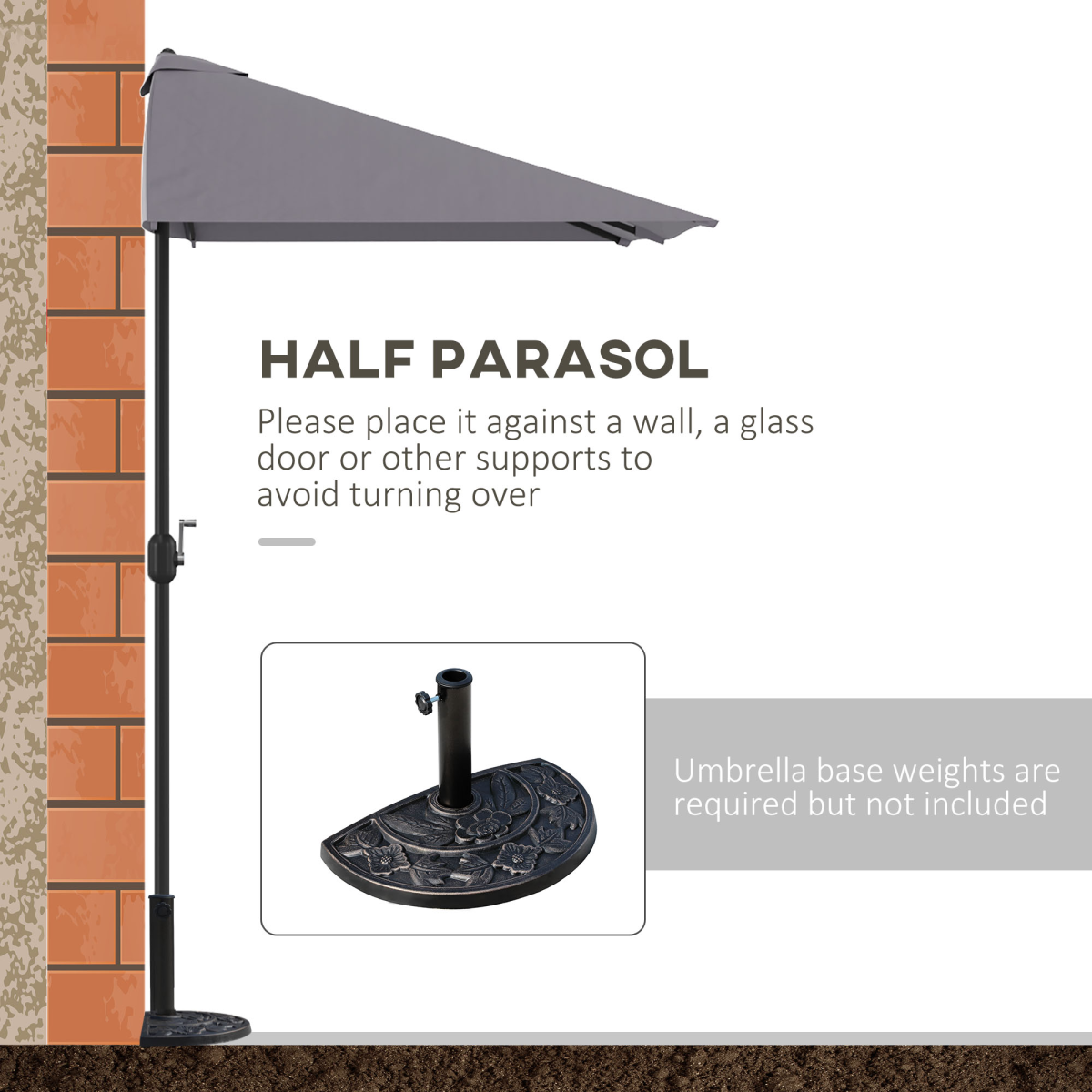 Outsunny Half Round Parasol Umbrella with Crank, 2.3m, Grey, No Base Included
