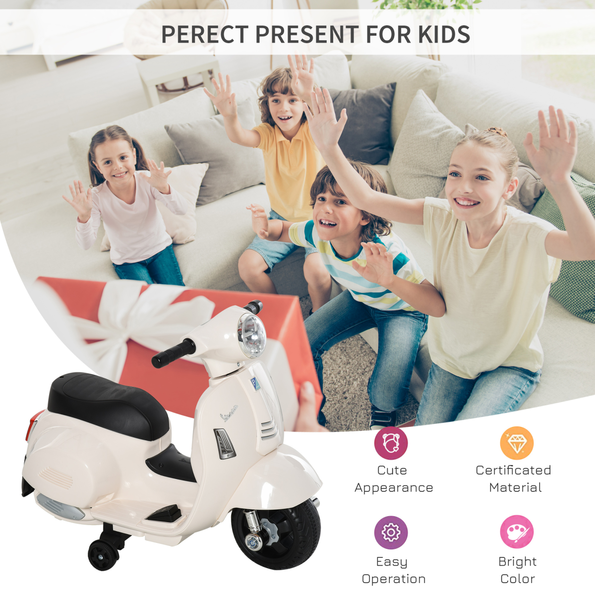 Licensed Vespa 6V Kids Ride On Motorcycle with Lights & Horn