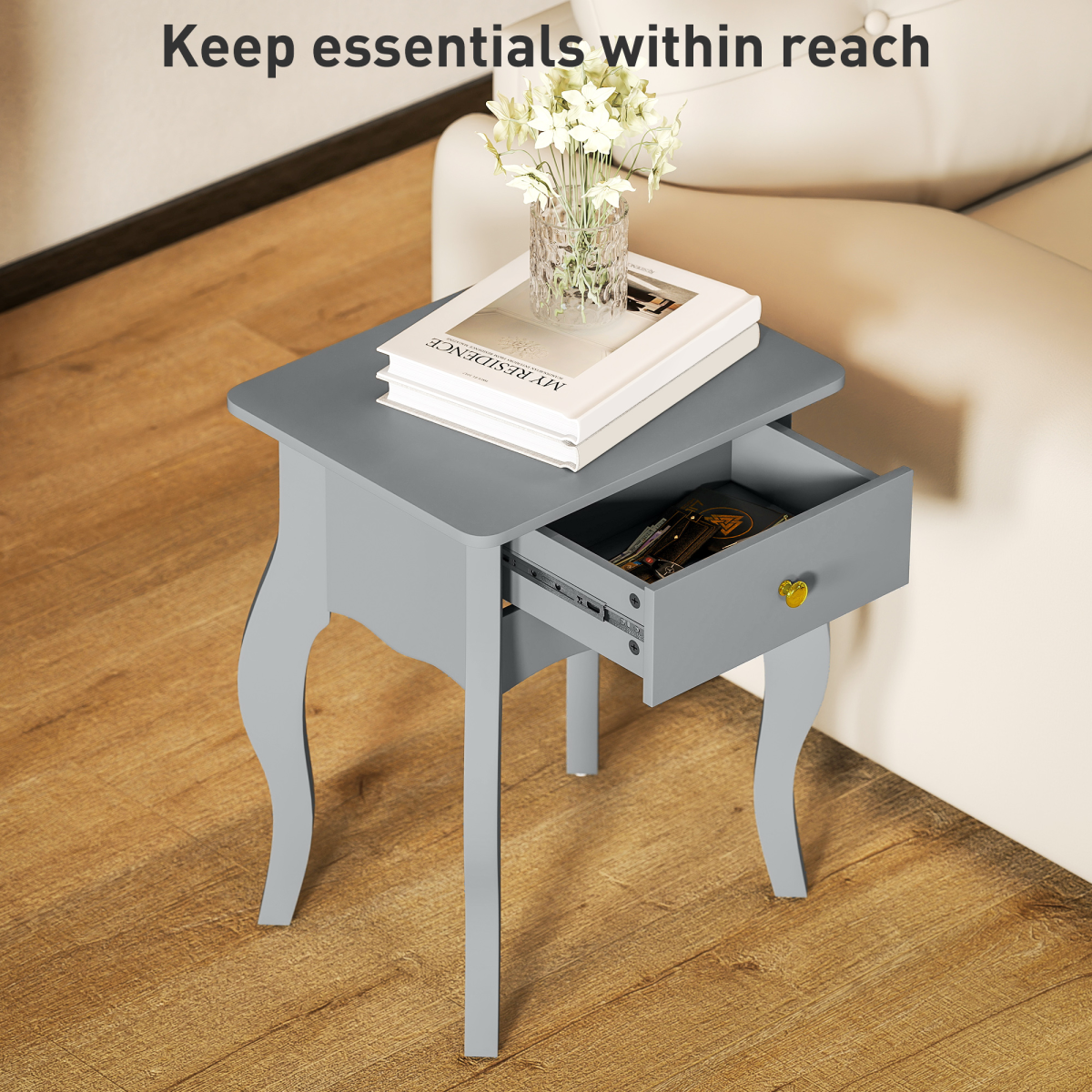 HOMCOM French Style Grey Side Table with Drawer, Curved Legs