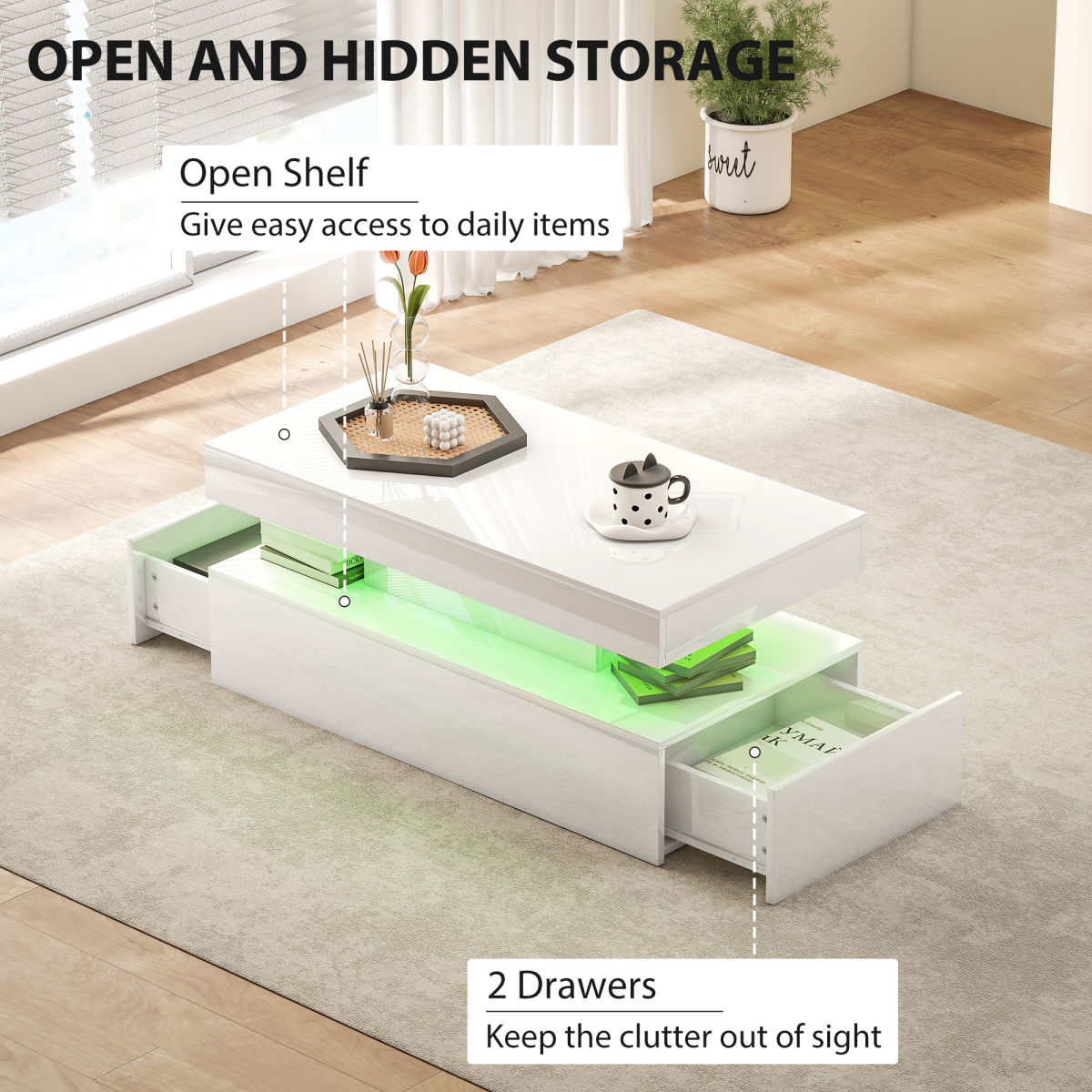 HOMCOM LED Coffee Table with Storage, High Gloss, White