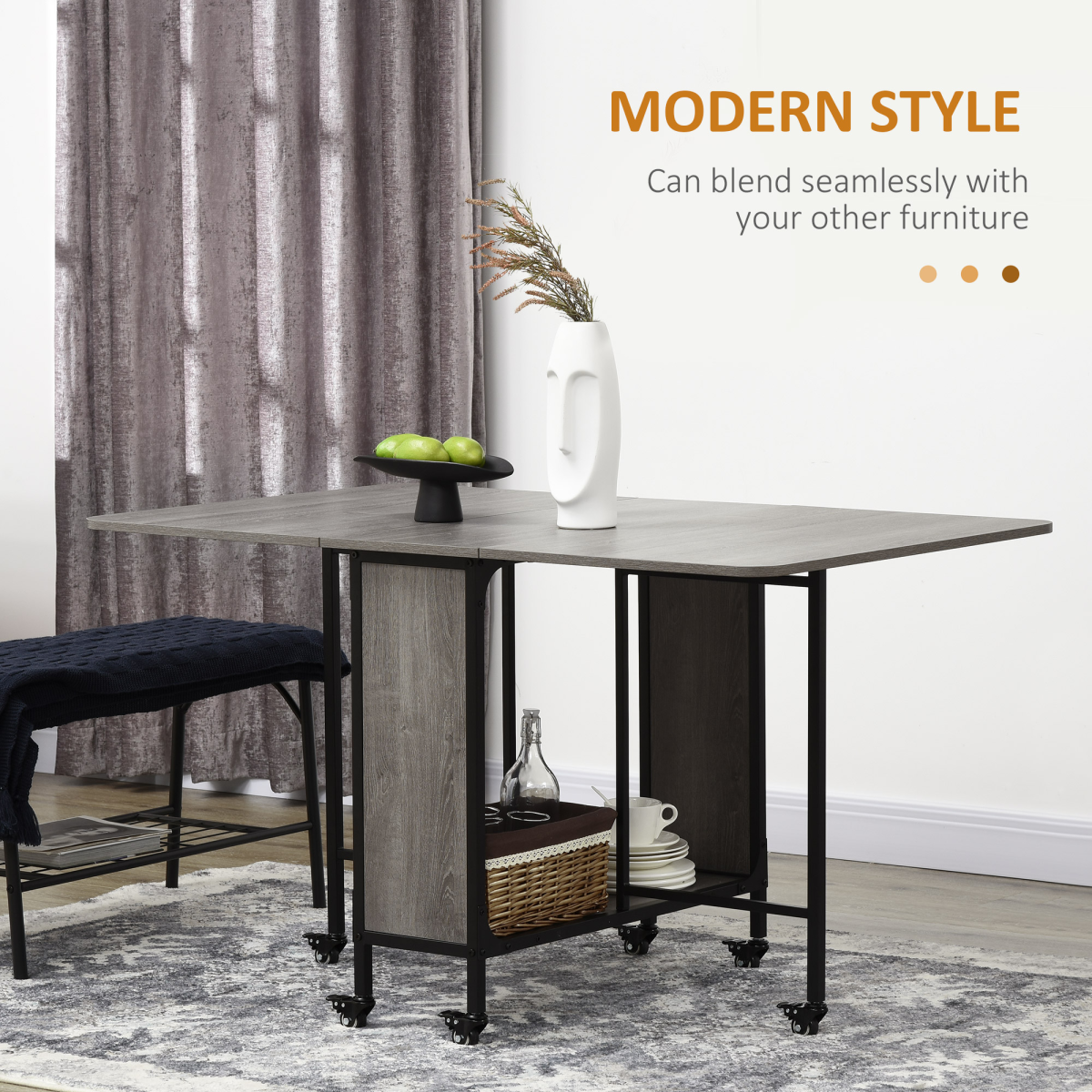 HOMCOM Mobile Drop Leaf Dining Table with Storage Shelf and Lockable Wheels