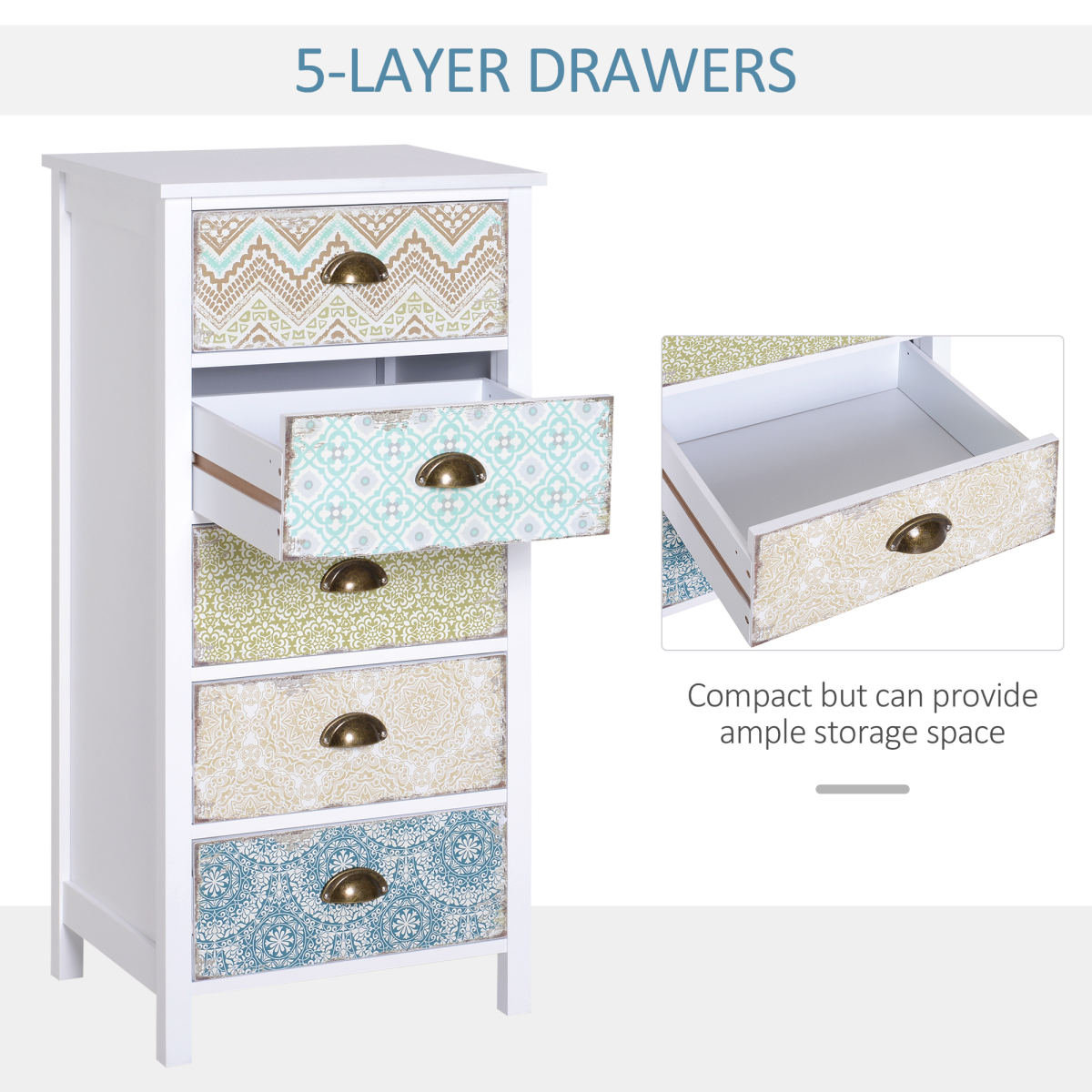 HOMCOM 5 Drawer Vintage Style Storage Chest Dresser, White Wood Effect, Entryway Bedroom Bedroom Storage Cabinet