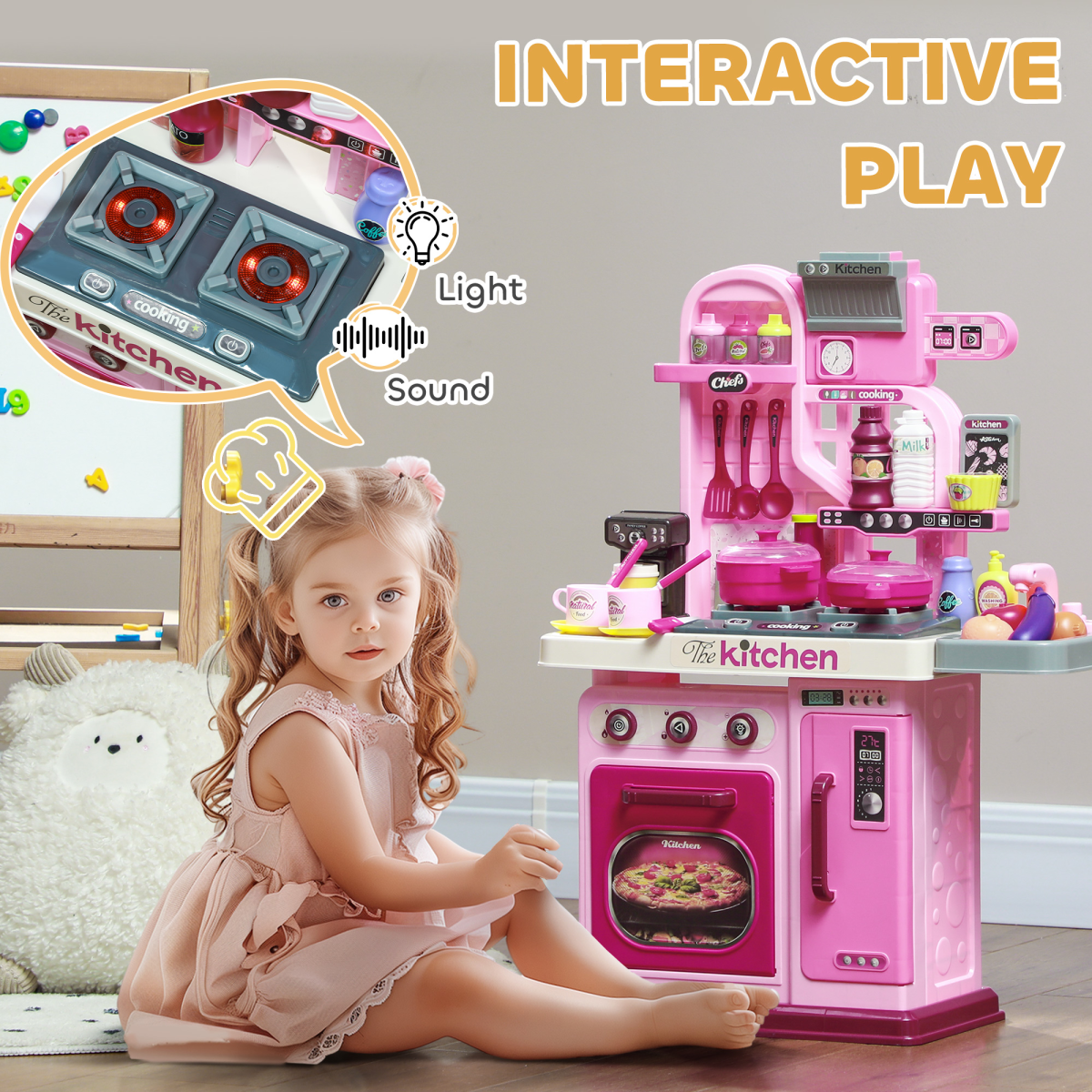 AIYAPLAY Kids Kitchen Playset, 33-Piece, Lights, Sounds, Storage