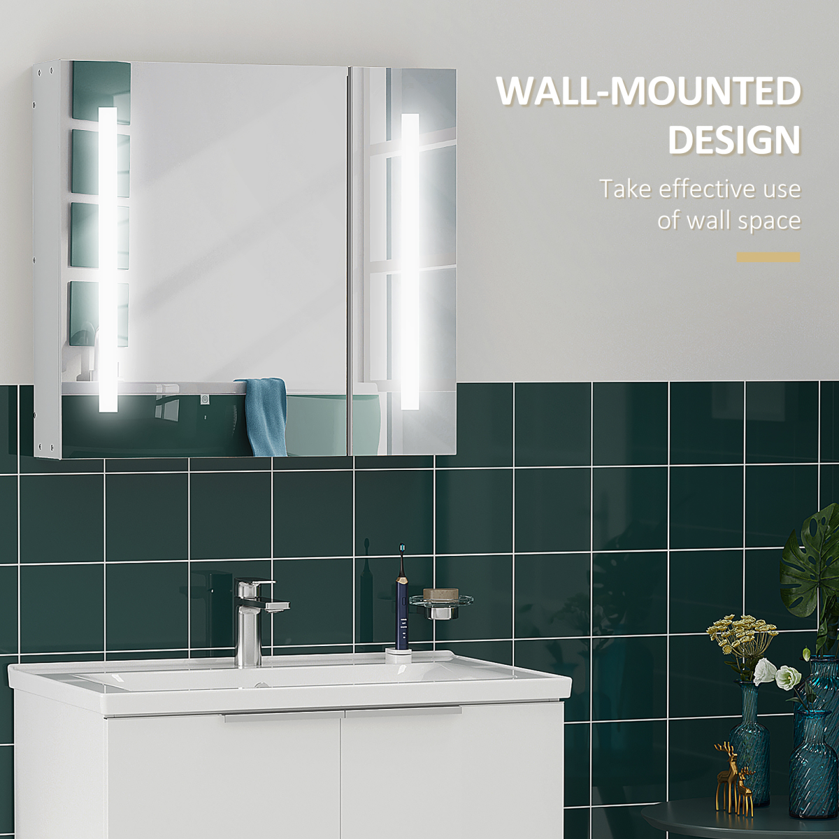 kleankin LED Illuminated Bathroom Mirror Cabinet with Touch Sensor, USB Powered, Double Mirrored Doors, Adjustable Shelf, Wall Mounted Storage Cabinet, 70 x 15 x 65 cm