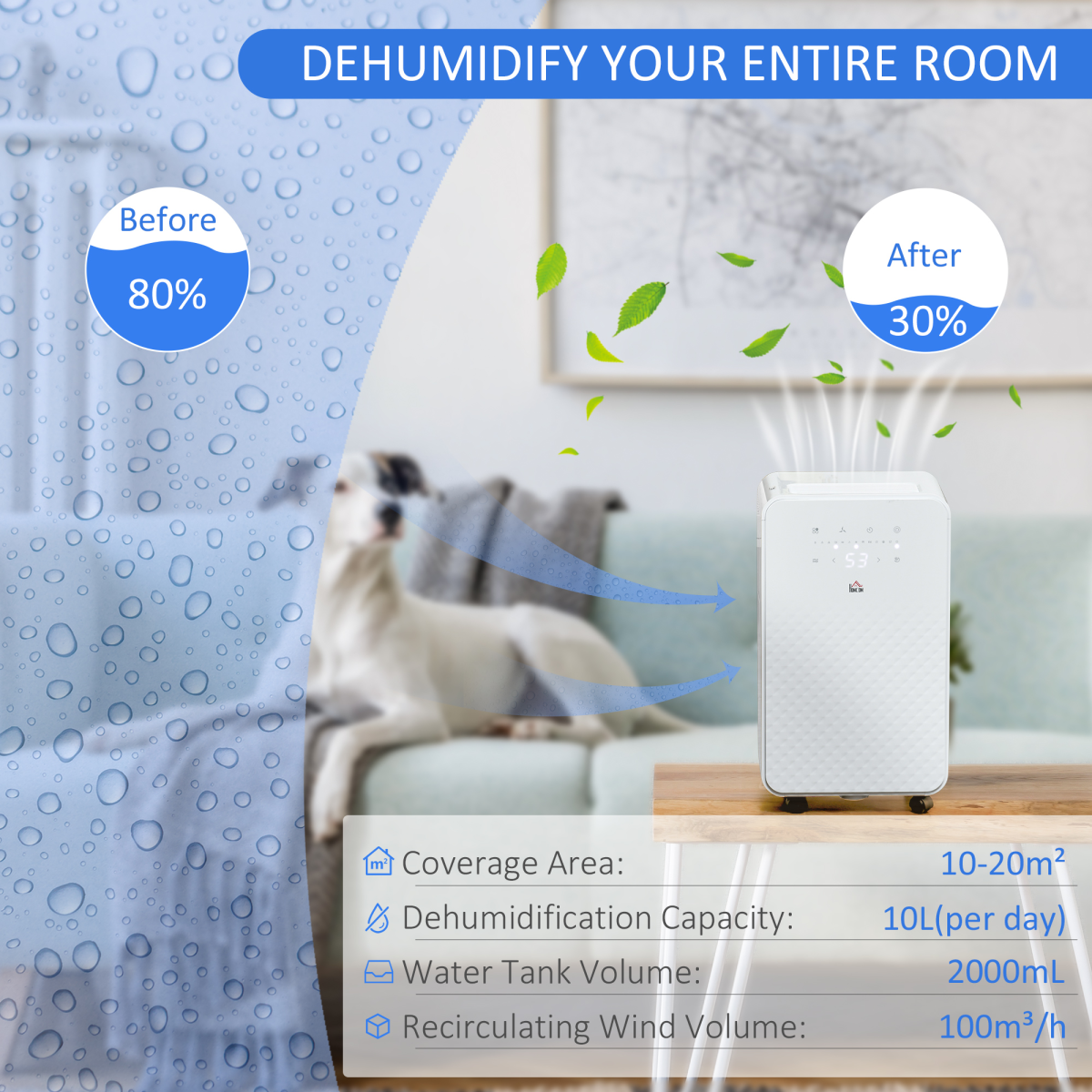 HOMCOM 10L/Day Quiet Dehumidifier with Purifier, 5 Modes, Timer