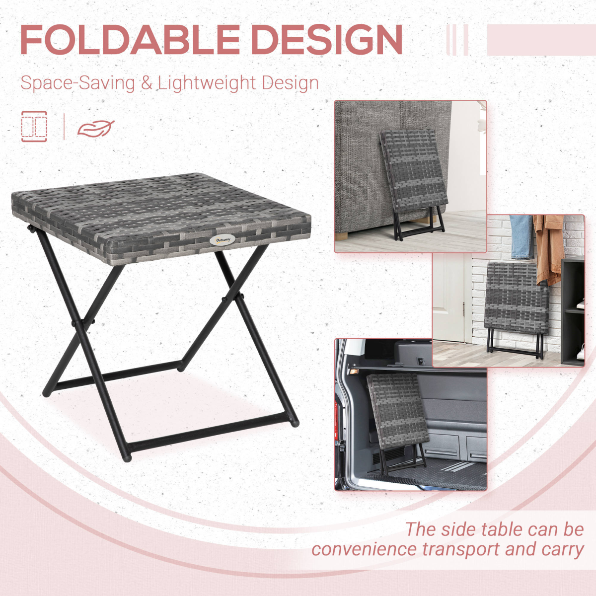 Folding Square PE Rattan Folding Coffee Table with Steel Frame, Foldable, 40cm, Outsunny