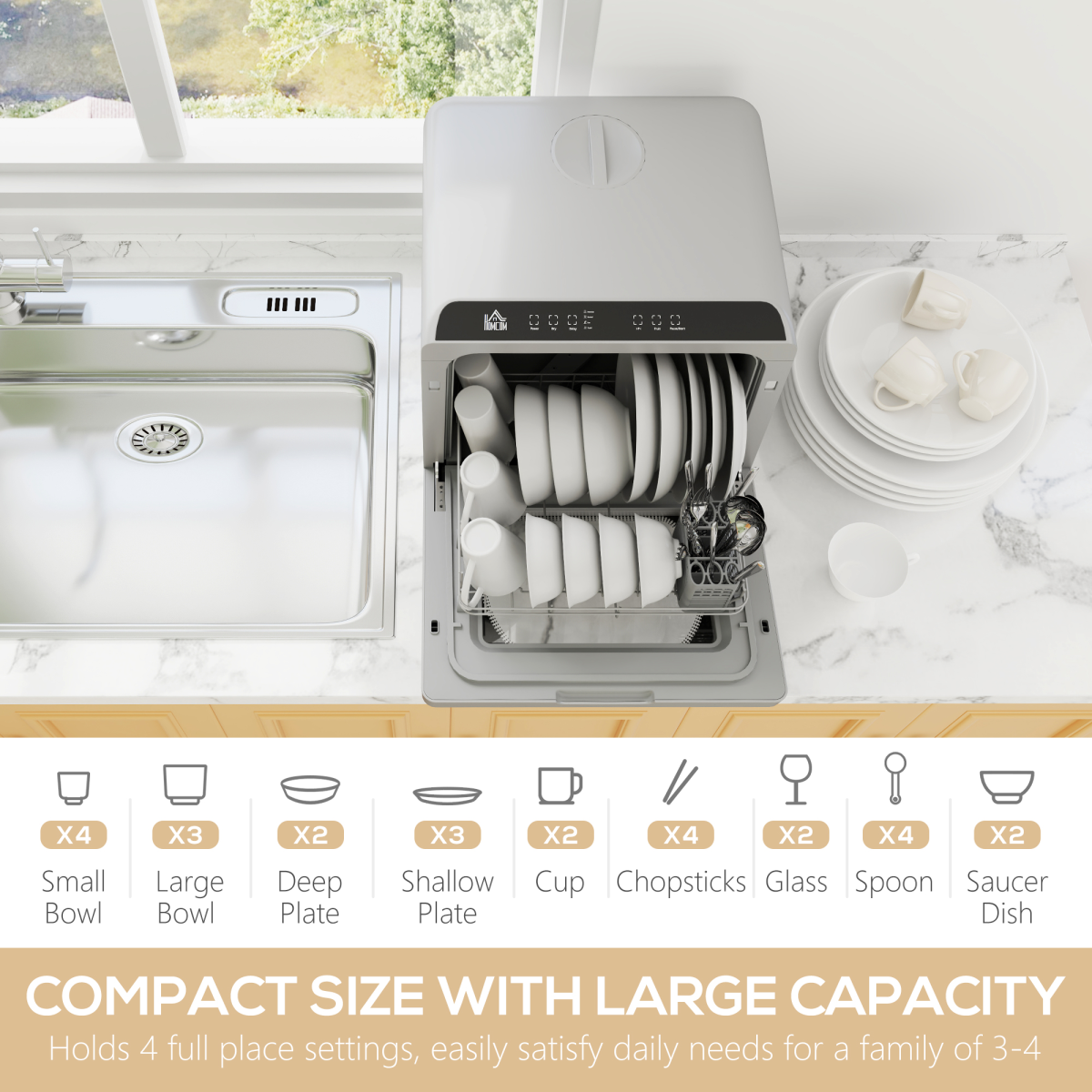 HOMCOM Countertop Dishwasher, 4 Place Settings, 6 Programs, Silver Tone