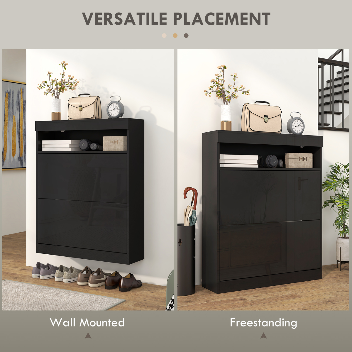 HOMCOM Black Shoe Cabinet with 2 Flip Drawers, Wall Mounted/Freestanding
