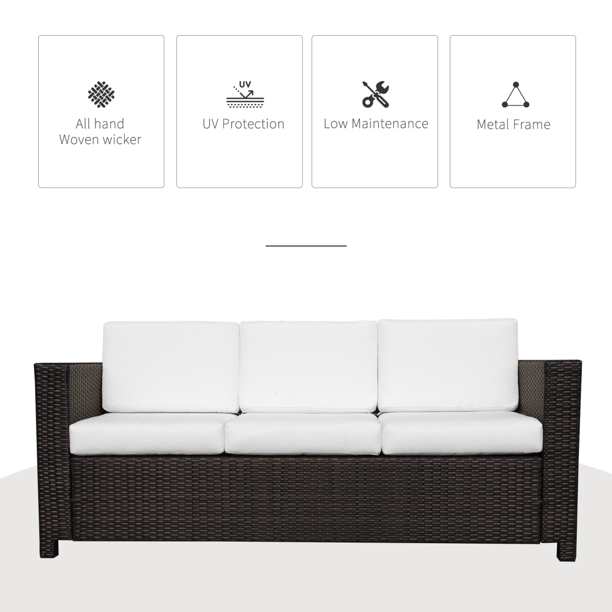 Outsunny 3-Seater Brown Wicker Rattan Sofa with Metal Frame and Cushions Outdoor Garden Patio Furniture