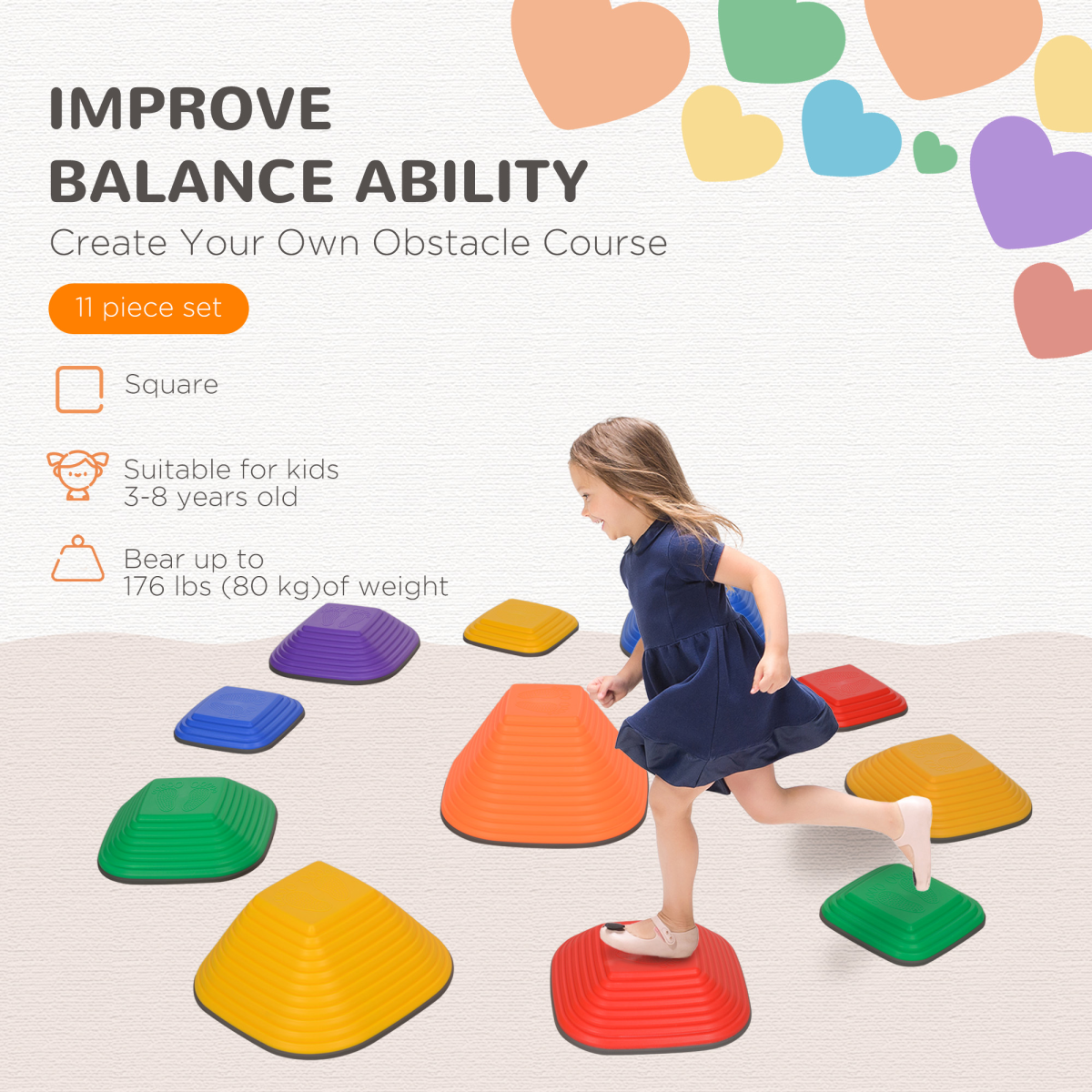 AIYAPLAY 11-Piece Balance Stepping Stones for Kids, Indoor Outdoor
