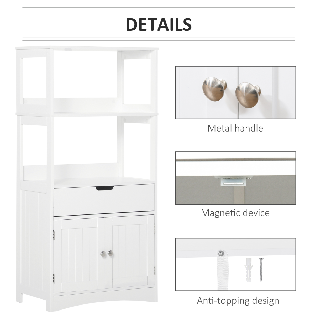kleankin Bathroom Floor Storage Cabinet, Standing Unit with 2 Top Shelves, Drawer and Bottom Cupboard