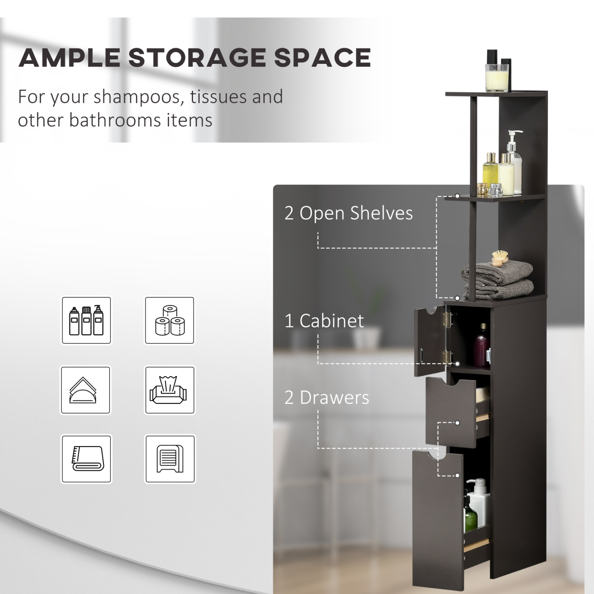 HOMCOM Tall Bathroom Storage Cabinet with Shelves and Drawers, Brown
