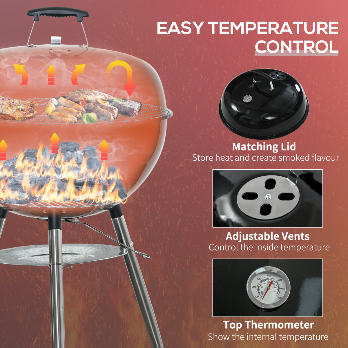 Outsunny Portable Kettle Charcoal Grill with Lid & Thermometer