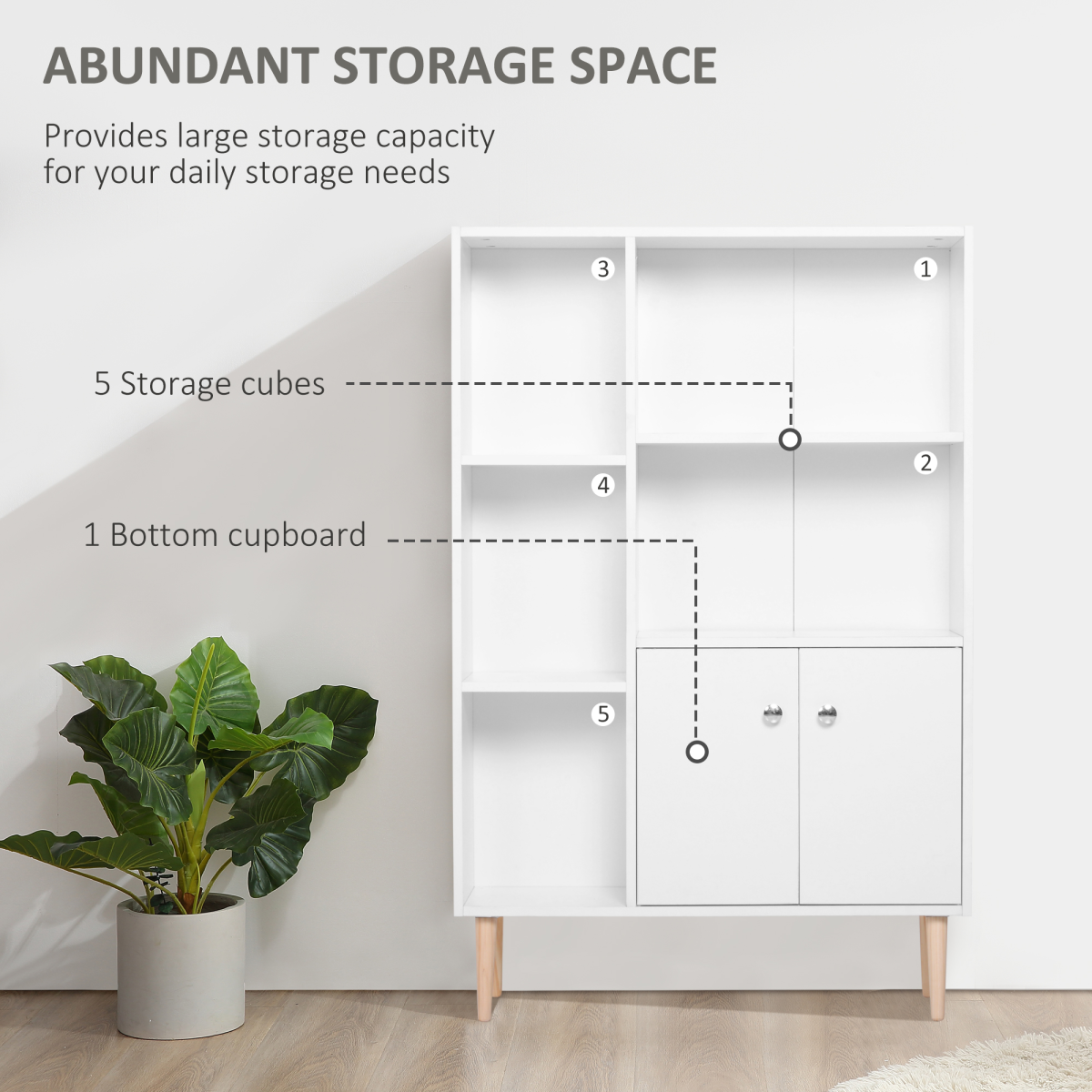 HOMCOM 5-Shelf Open Bookcase Cabinet with Bottom Cupboard, 2 Doors, 80W x 23.5D x 118H cm, White
