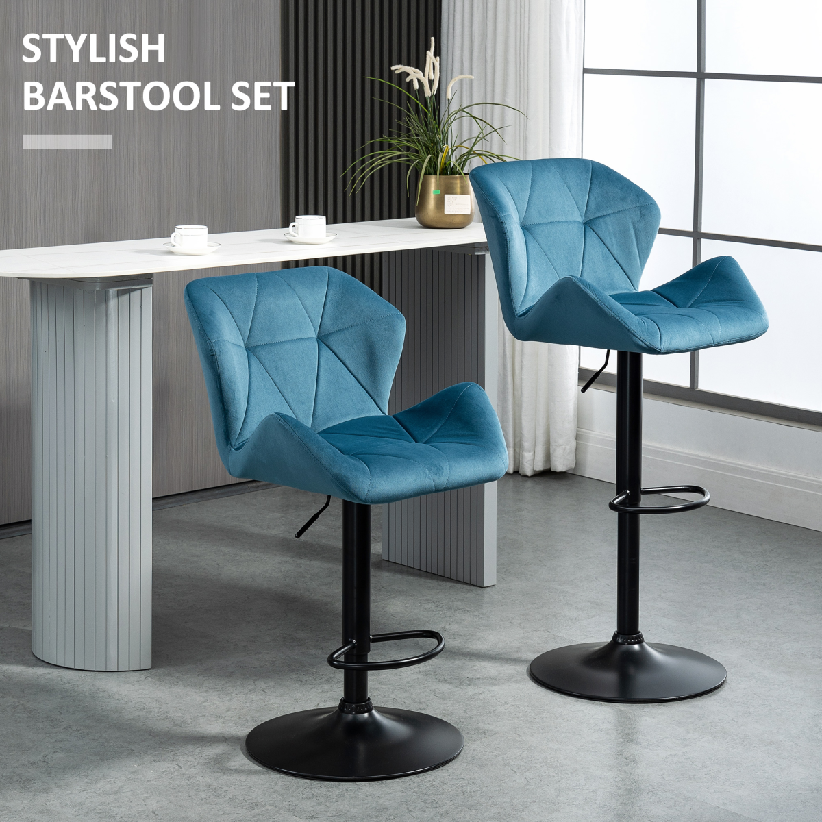 HOMCOM Set of 2 Blue Velvet-Feel Adjustable Bar Stools with Metal Base